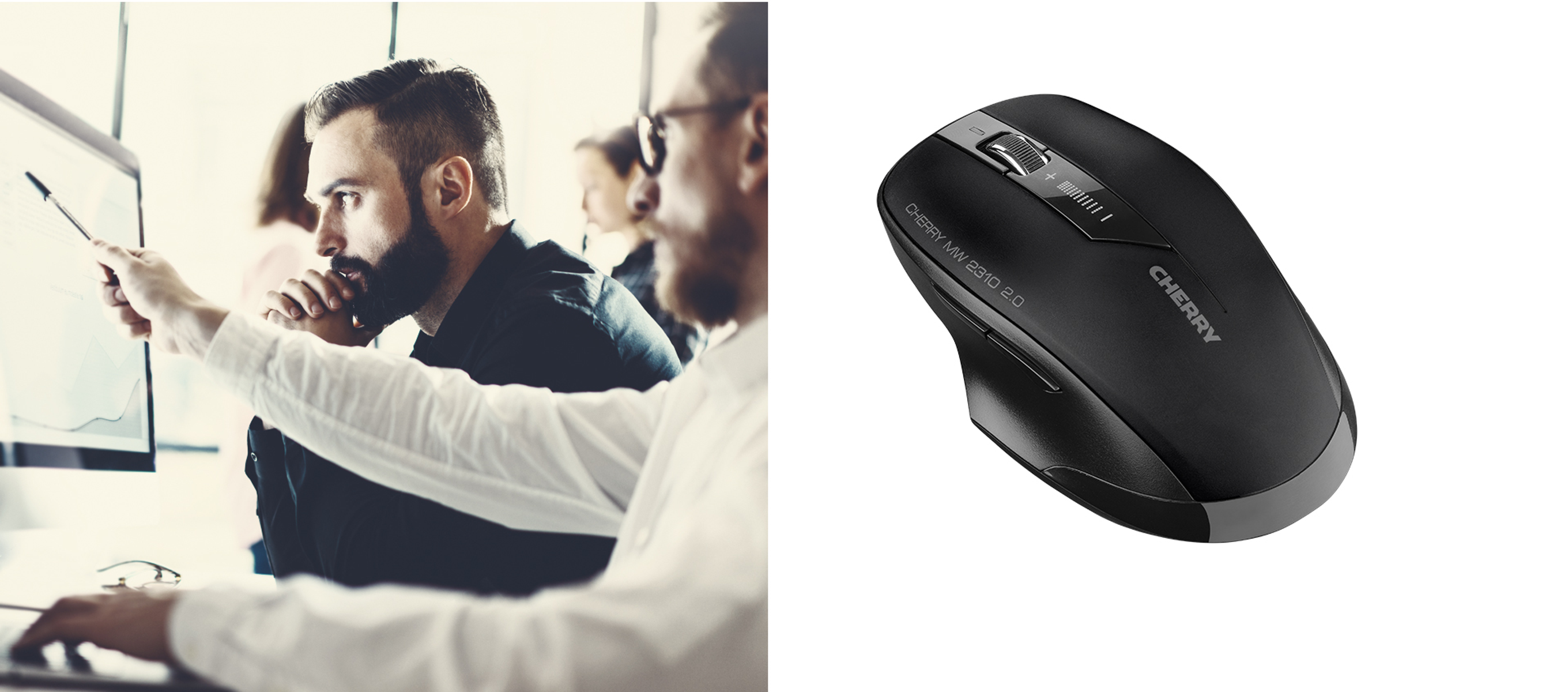 Men pointing at a screen and a black Cherry mouse. People are in a meeting room.