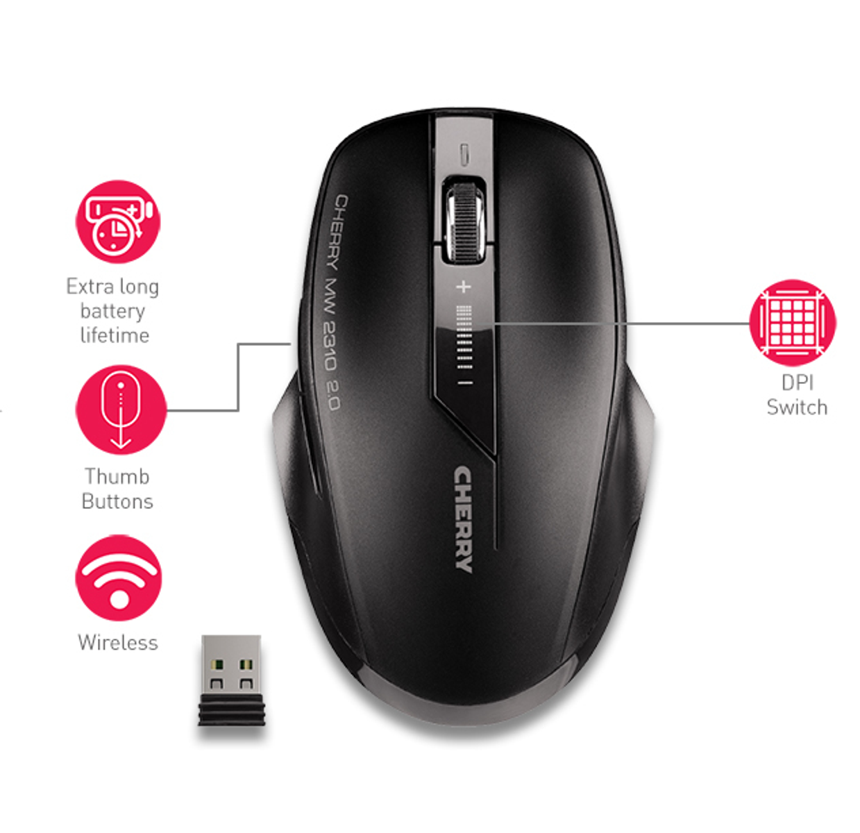 Black computer mouse with highlighted features: buttons, DPI switch, and wireless.