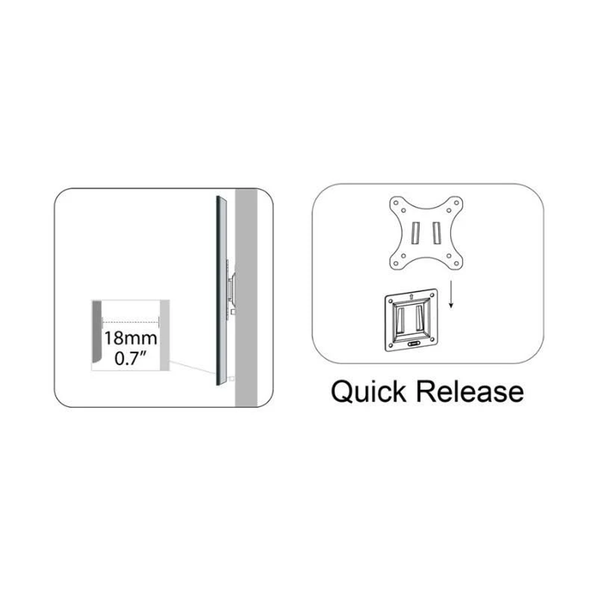 Schemat pokazujący uchwyt do monitora. Zawiera wymiary i instrukcje szybkiego zwalniania.