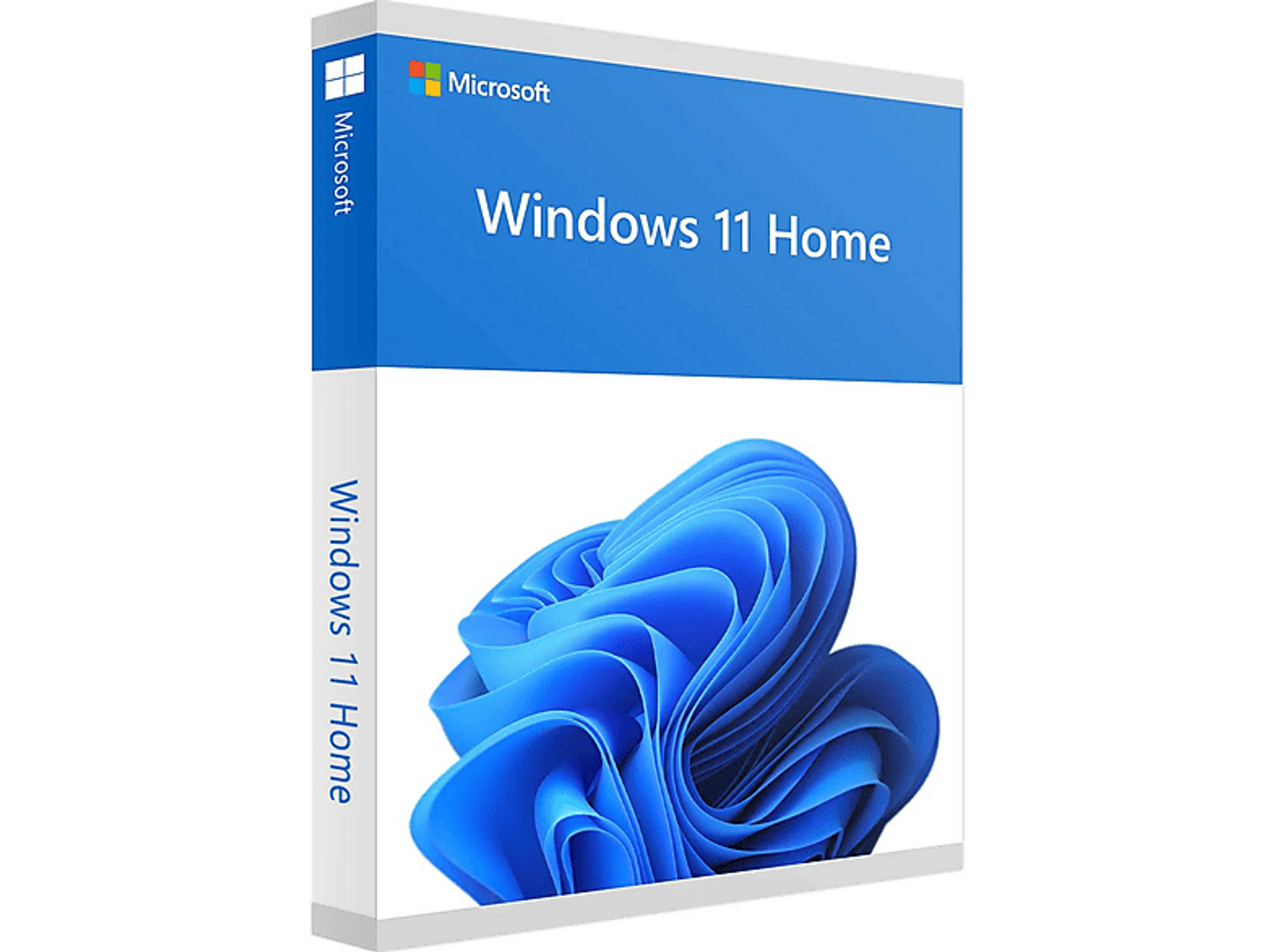 Pudełko dla Windows 11 Home. Niebieskie pudełko z logo Windows i tekstem.
