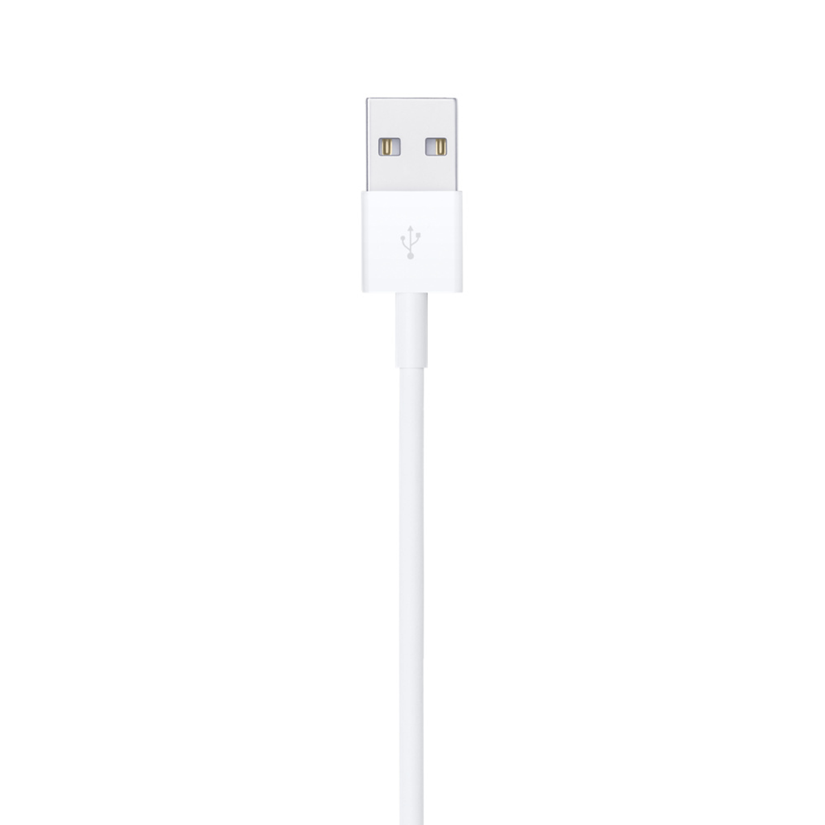 Biały kabel USB ze złączem USB-A na końcu. Białe tło.