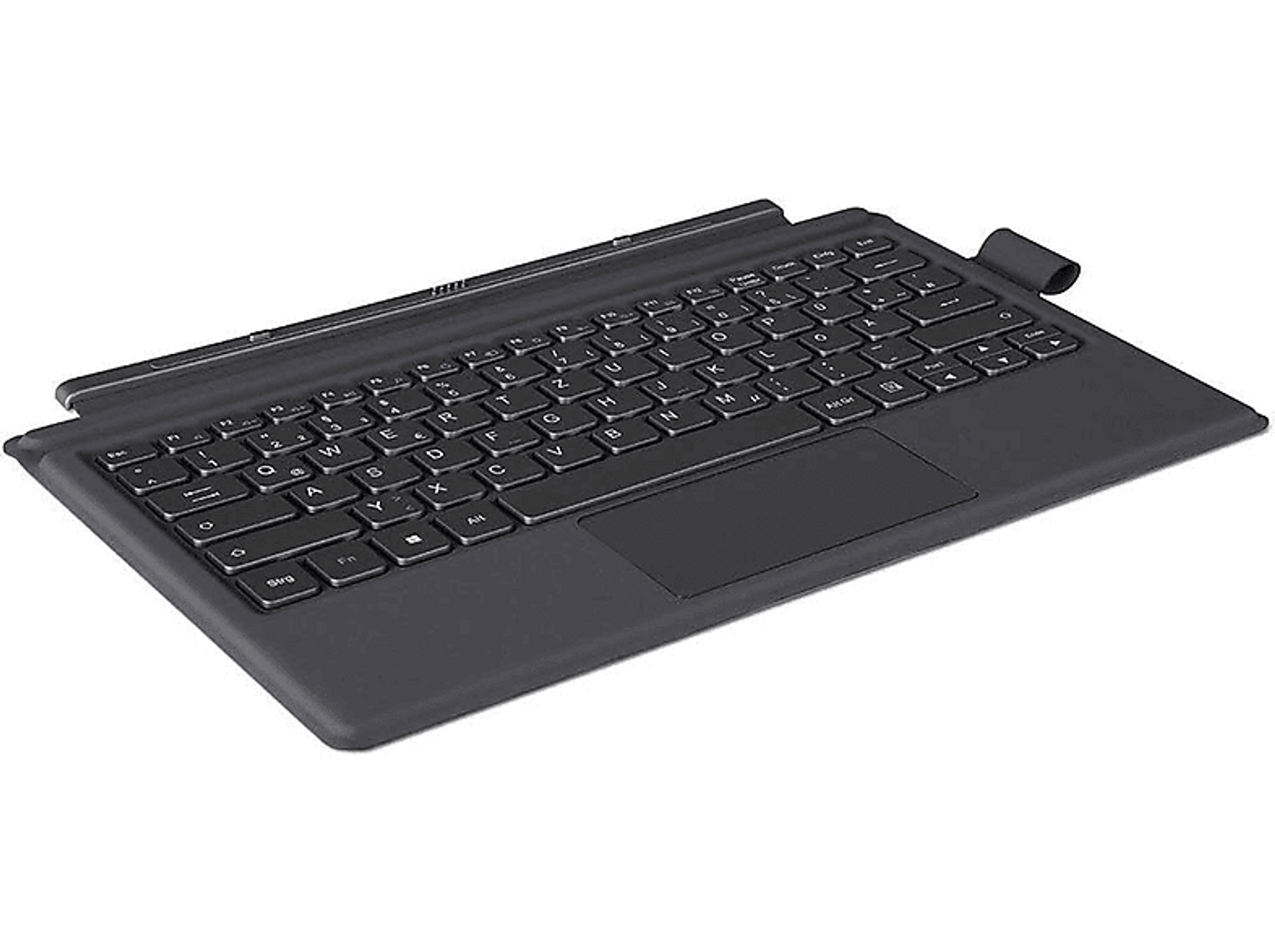 Schwarze Tastatur mit Touchpad. Die Tasten sind weiß mit Buchstaben. Die Tastatur liegt auf schwarzem Grund.