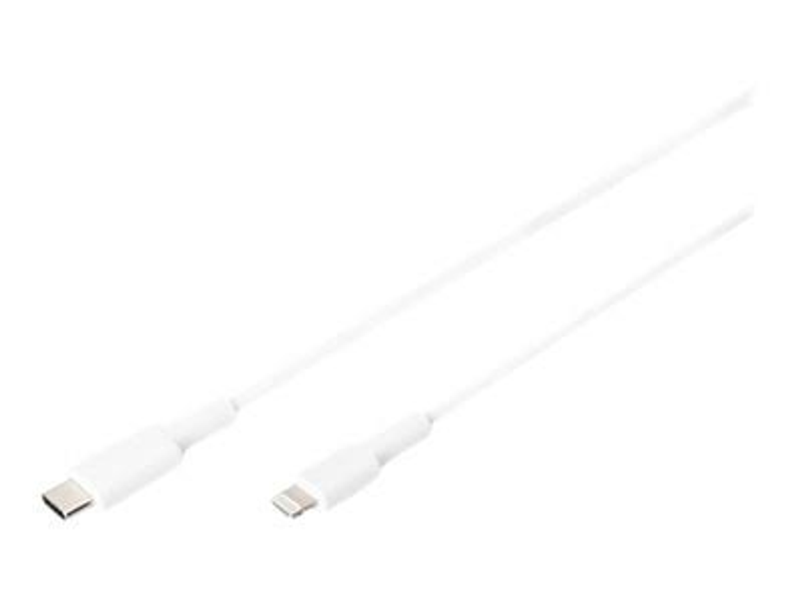 Câbles de charge blancs avec connecteurs USB-C et Lightning. Fond propre.