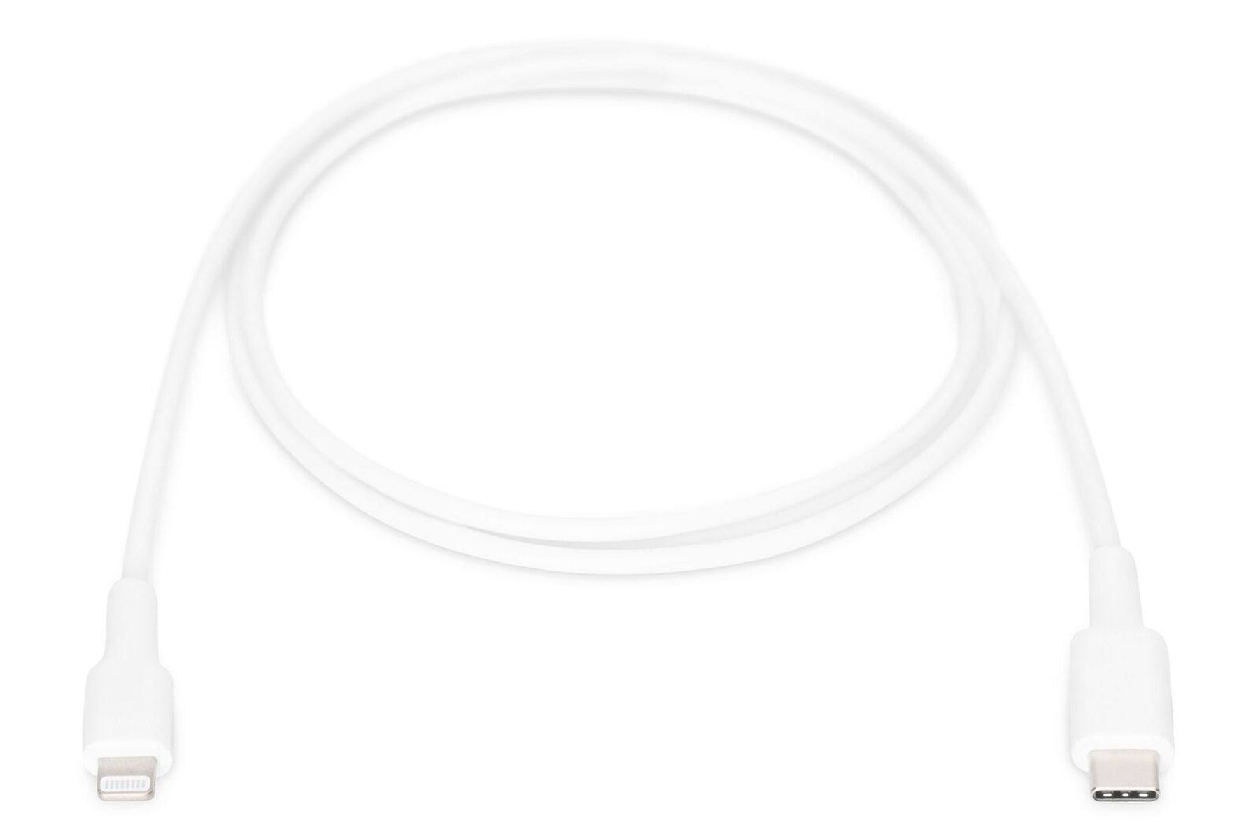 Câble USB-C vers Lightning blanc, posé droit sur une surface blanche.