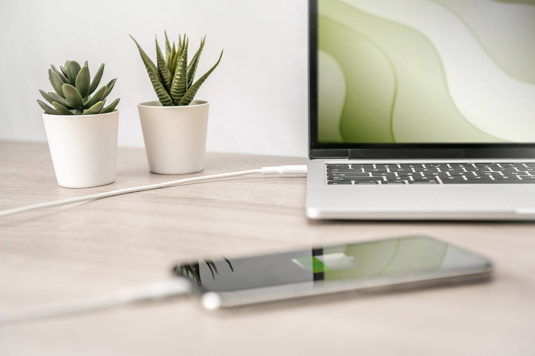 Ordinateur portable en charge avec un téléphone à côté. Plantes en arrière-plan. Table en bois.