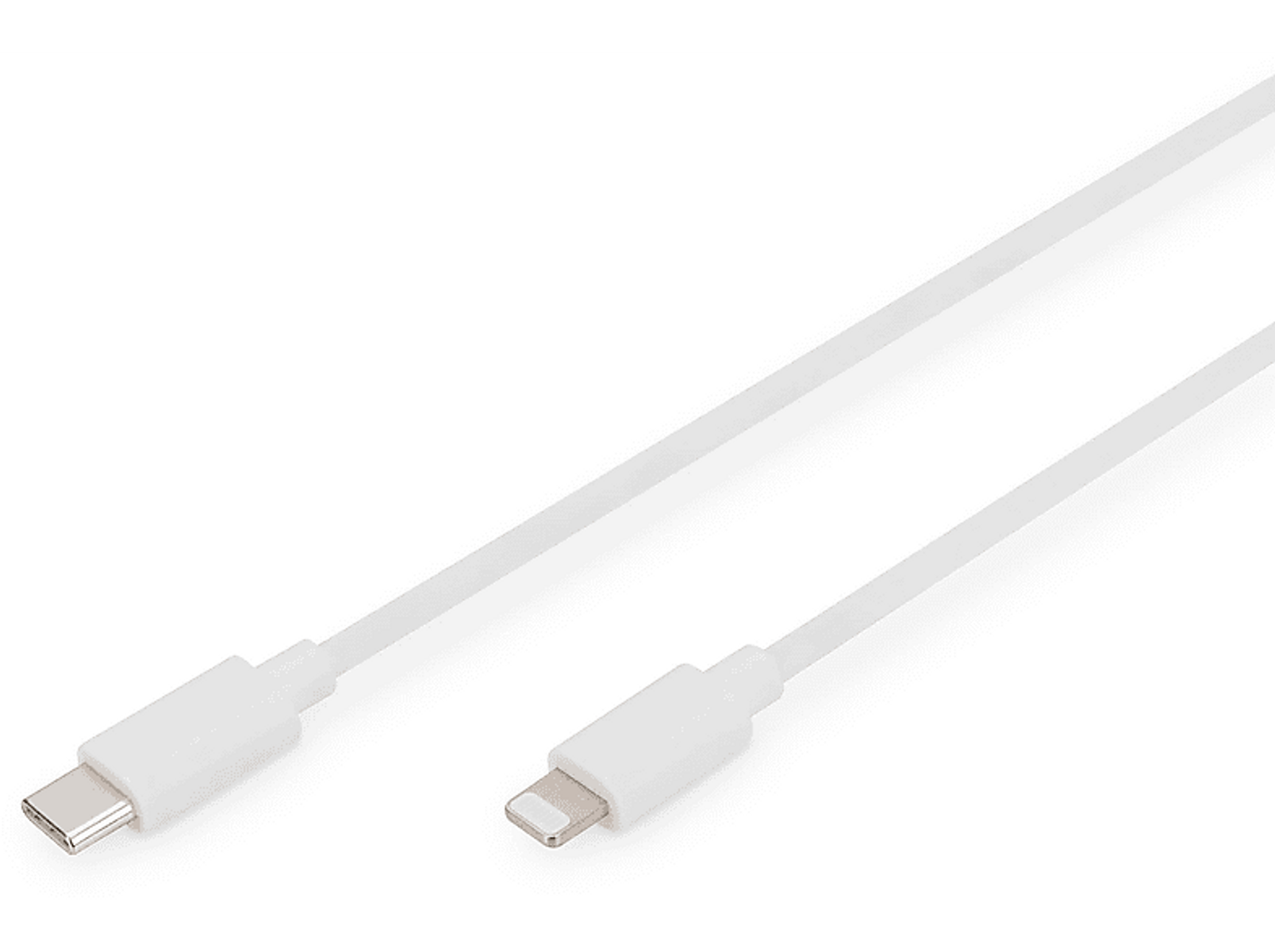 Câble USB-C vers Lightning blanc, fond blanc.