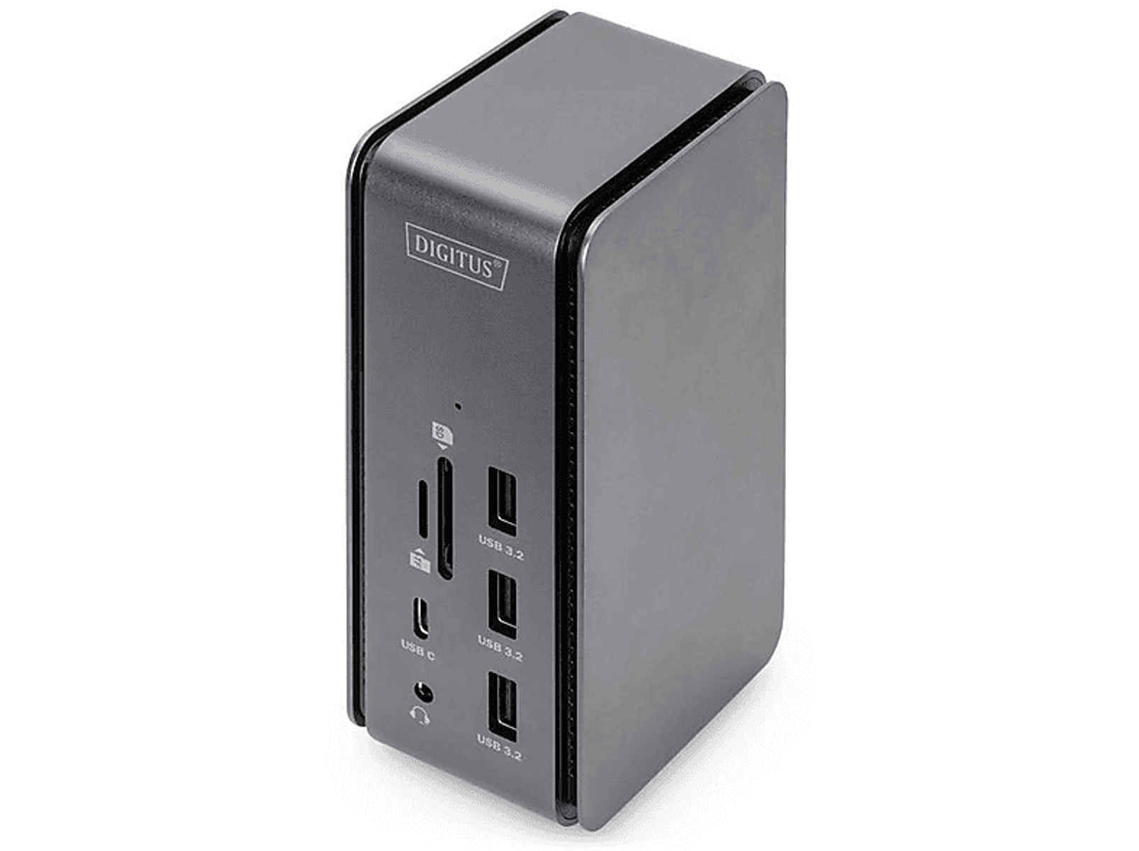 Eine schwarze DIGITUS Dockingstation mit mehreren Anschlüssen, darunter USB- und SD-Kartensteckplätze.