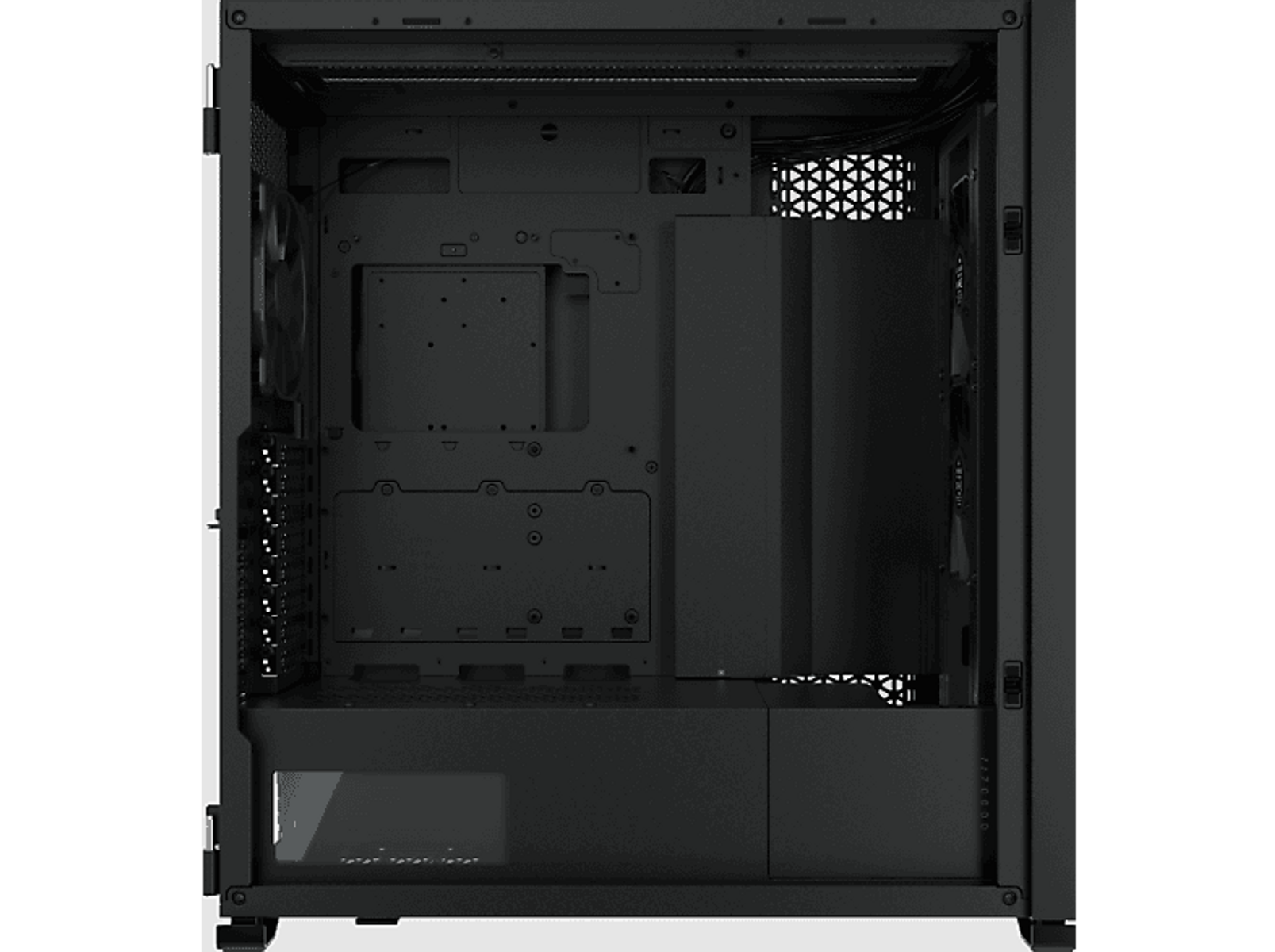 Puste wnętrze czarnej obudowy komputera. Pokazuje miejsce na komponenty i elementy konstrukcyjne.