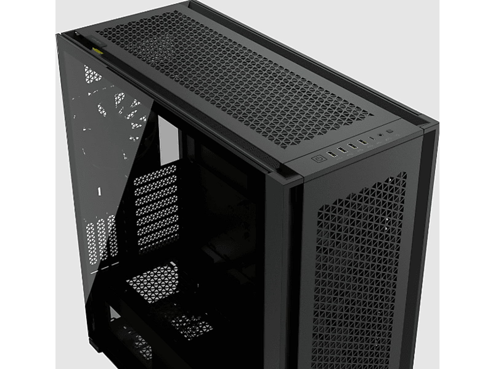 Czarna obudowa komputera z siatkowym przodem i górą. Szklany panel boczny. Widoczne porty zasilania i USB.