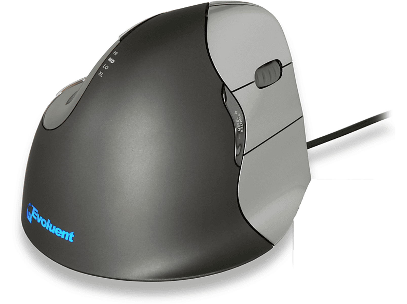 Ergonomische Maus, schwarz und silber, mit Seitentasten und einstellbarem DPI.