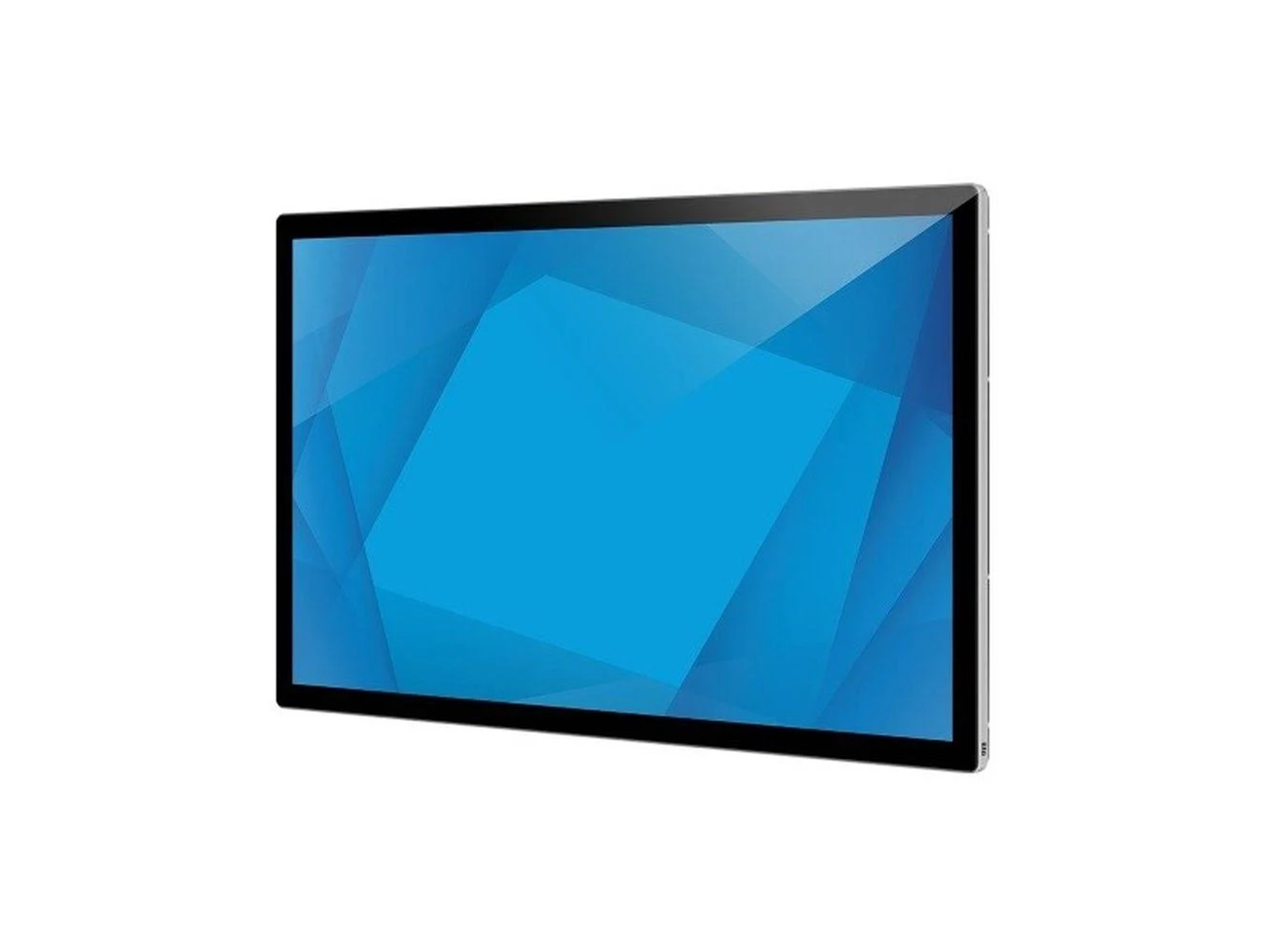 Großer Monitor mit schwarzem Rahmen und blauem, abstraktem Design auf dem Bildschirm, auf weißem Hintergrund.