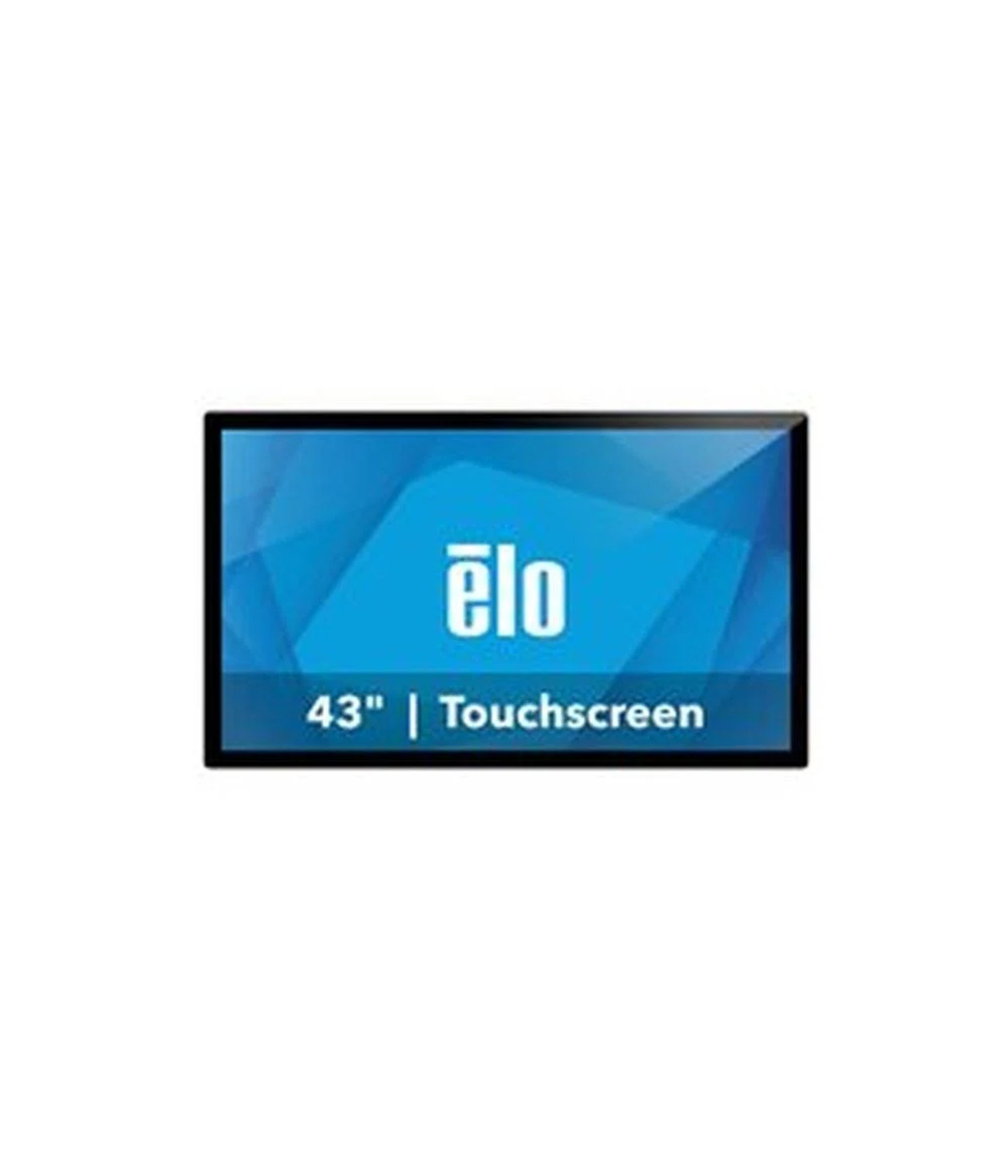 43" Touchscreen-Monitor. Blaues Logo auf dem Bildschirm, schwarzer Rahmen. Weißer Hintergrund.