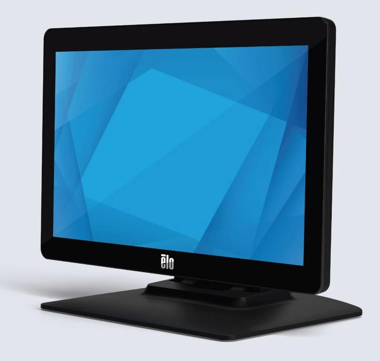 Schwarzer Elo-Touchscreen-Monitor mit blauem geometrischen Bildschirm und schwarzem Sockel.