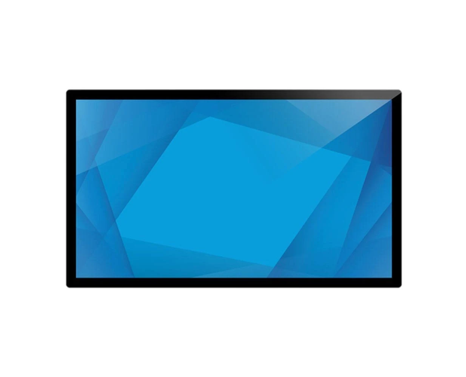 Blauer Bildschirm mit geometrischen Formen, schwarz gerahmt.