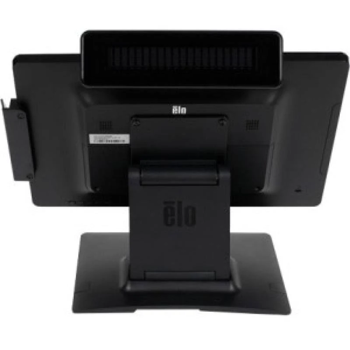 Schwarzer Elo-Touchscreen-Monitor. Die Rückansicht wird gezeigt. Der Monitor steht auf einem Ständer.