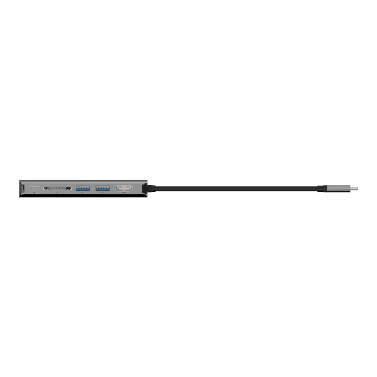 Un concentrador negro con varios puertos y un cable USB-C a la derecha.