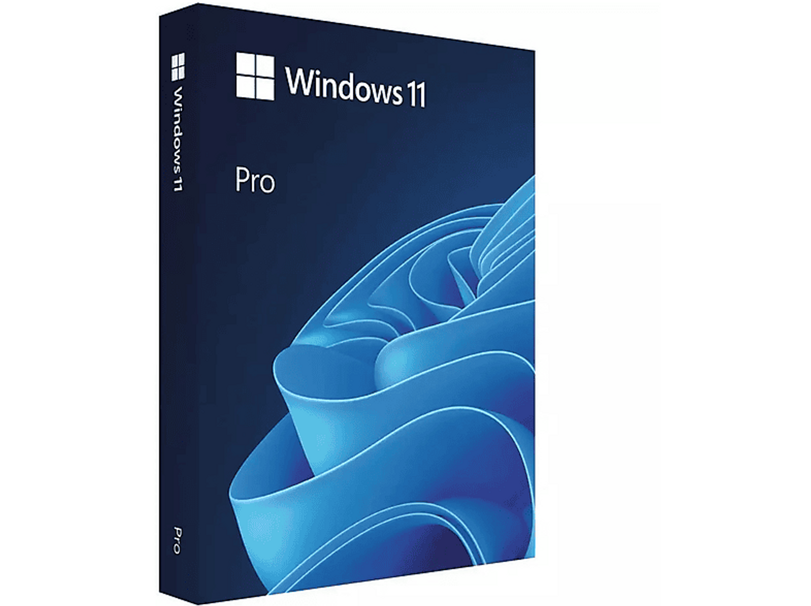 Pudełko Windows 11 Pro. Pudełko jest granatowe, z białym napisem Windows 11 i Pro.