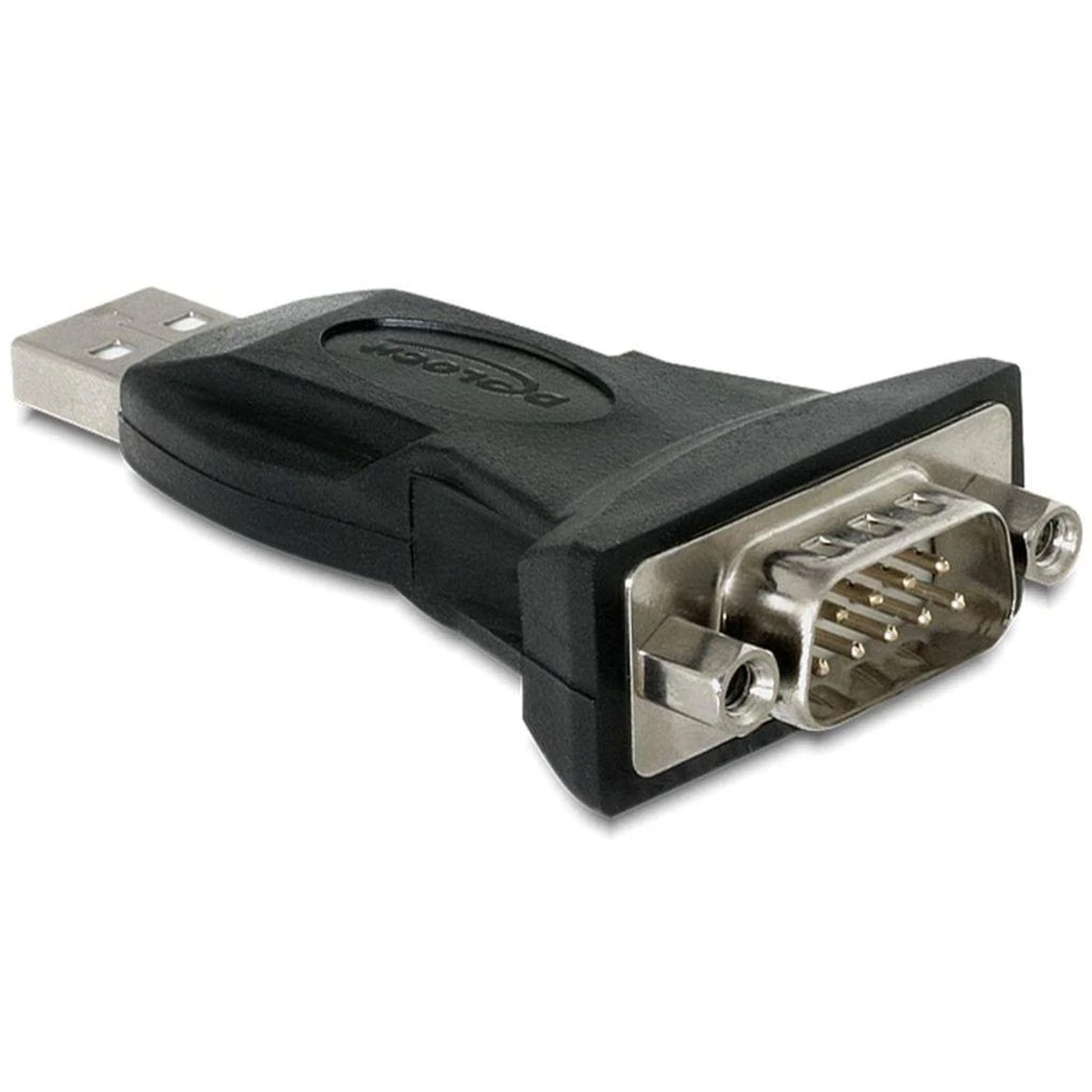 Adattatore da USB a porta seriale nero, con un connettore USB e un connettore per porta seriale.