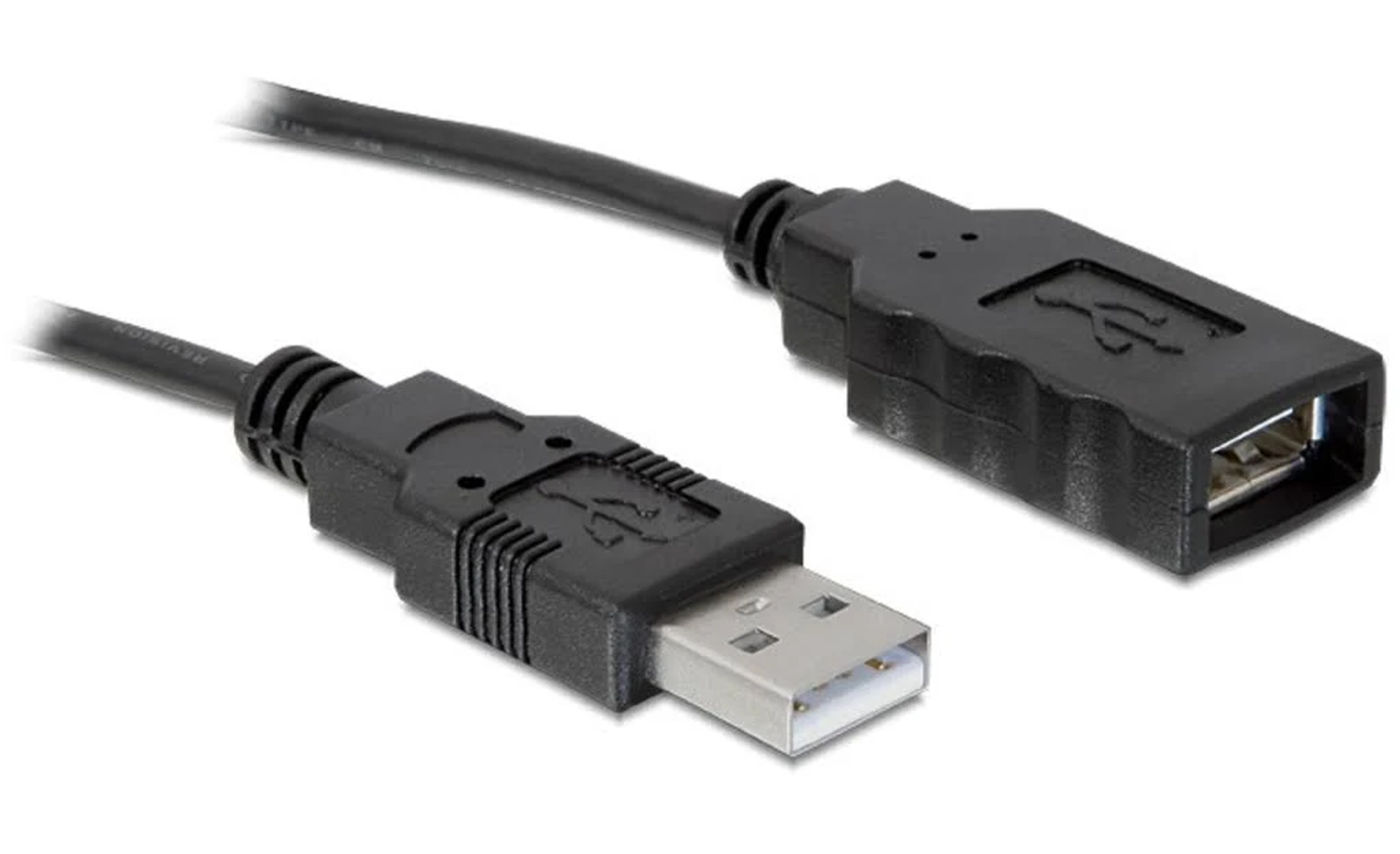 Cavo di prolunga USB nero che mostra entrambi i connettori maschio e femmina.