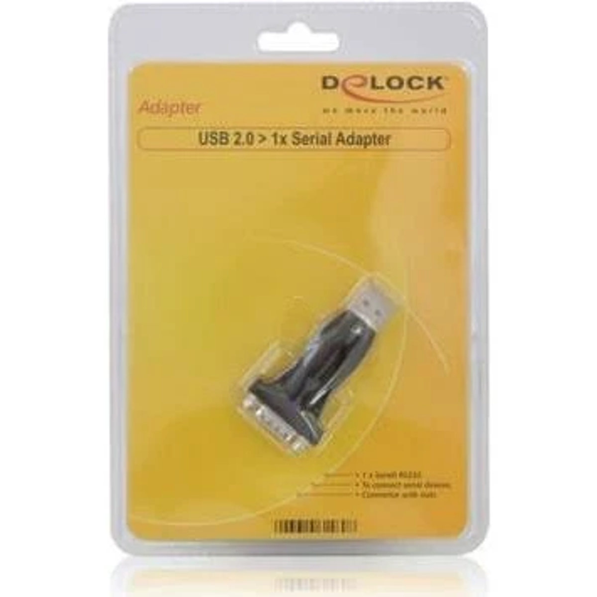 Adattatore da USB 2.0 a 1x seriale in una confezione di plastica gialla e trasparente. 'DELOCK' stampato.