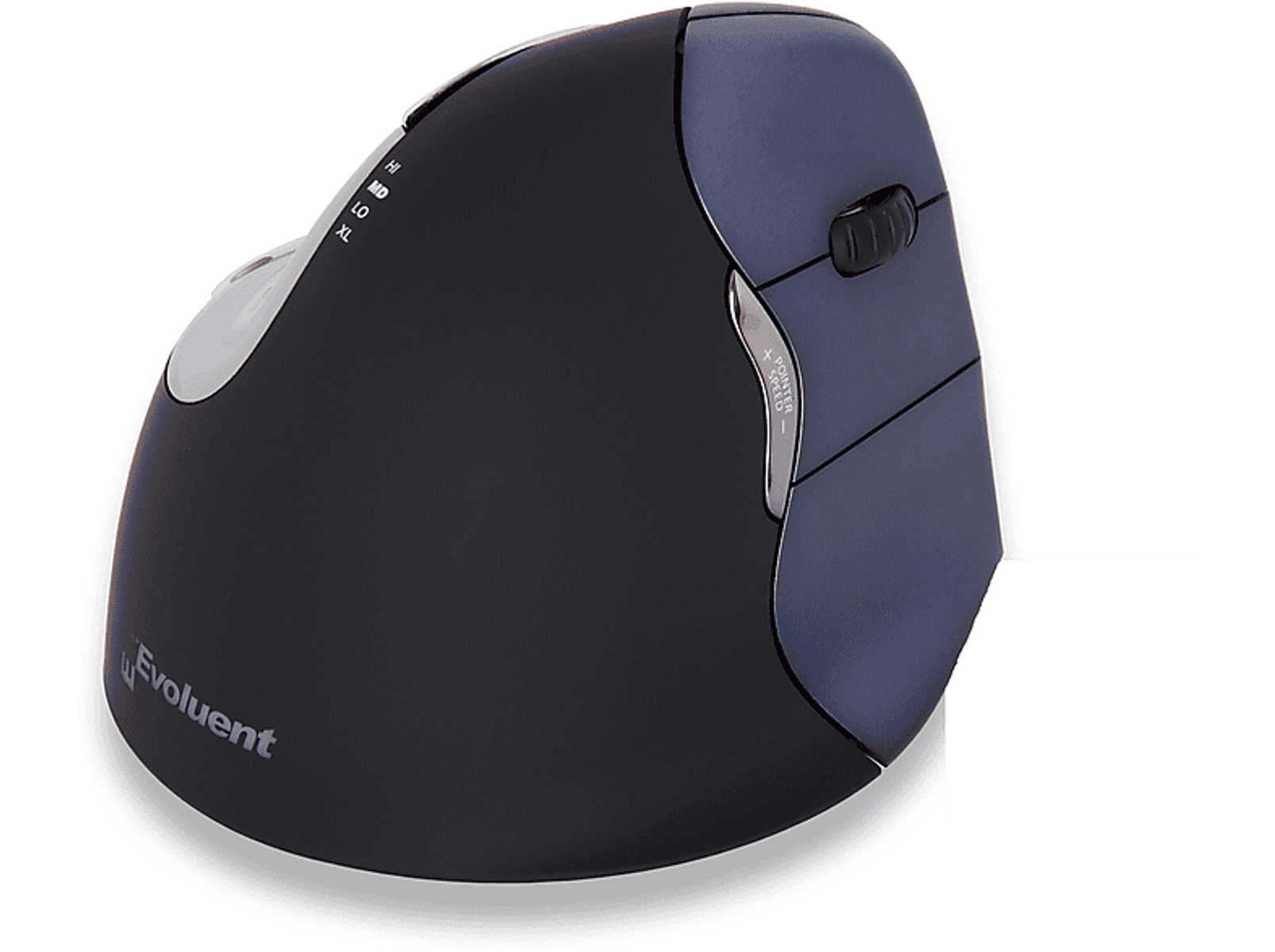 Ergonomische schwarz-blaue Maus mit einstellbaren Einstellungen, weißer Hintergrund.