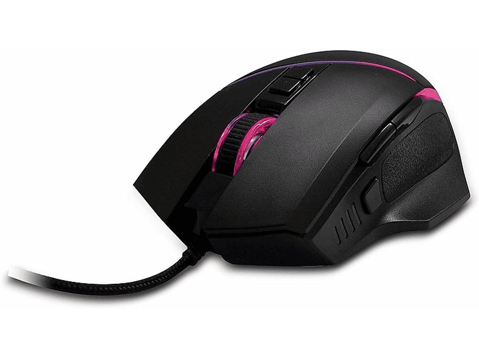 Zwarte gamingmuis met roze accenten. Met scrollwiel, knoppen en kabel.