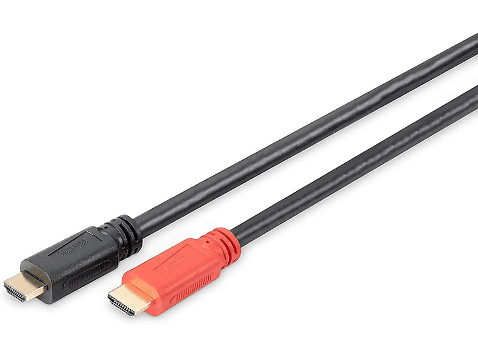 Zwei HDMI-Kabel, eines schwarz und eines rot, auf weißem Hintergrund.