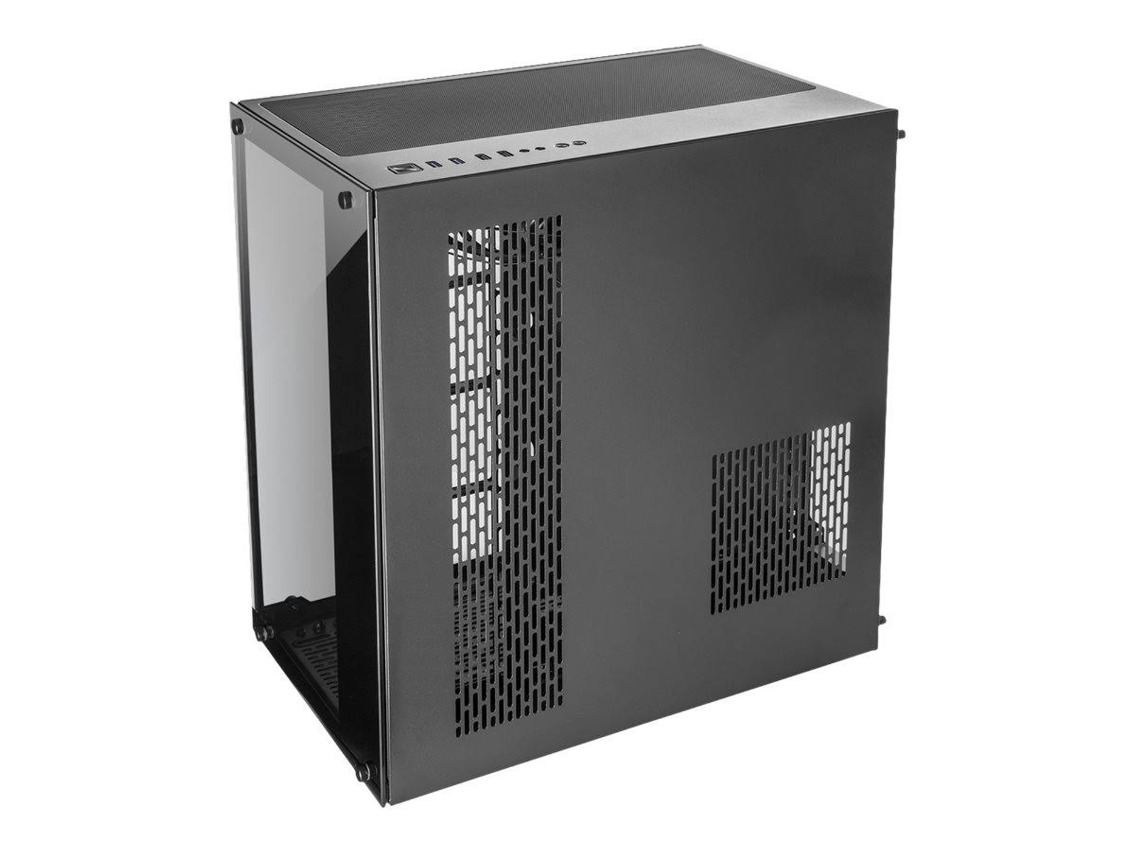 Ein schwarzes Computergehäuse mit Glasseiten, sichtbaren Lüftern und Lüftungsschlitzen.