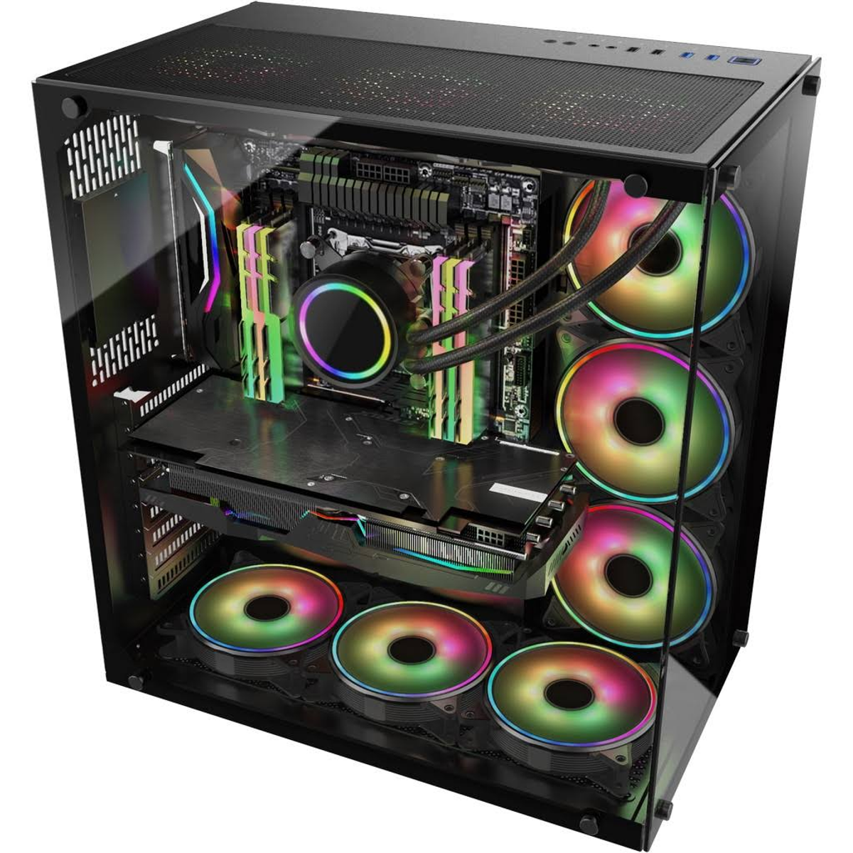 Ein durchsichtiges Computergehäuse mit Komponenten, die von bunten LED-Lüftern beleuchtet werden.