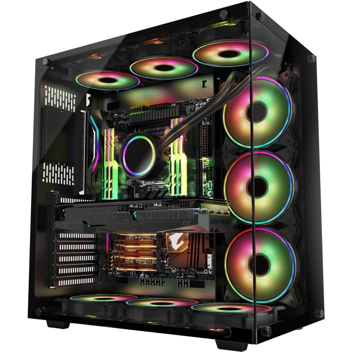 Ein PC-Gehäuse mit transparenter Seite. Interne Komponenten mit RGB-Lichtern sind sichtbar.