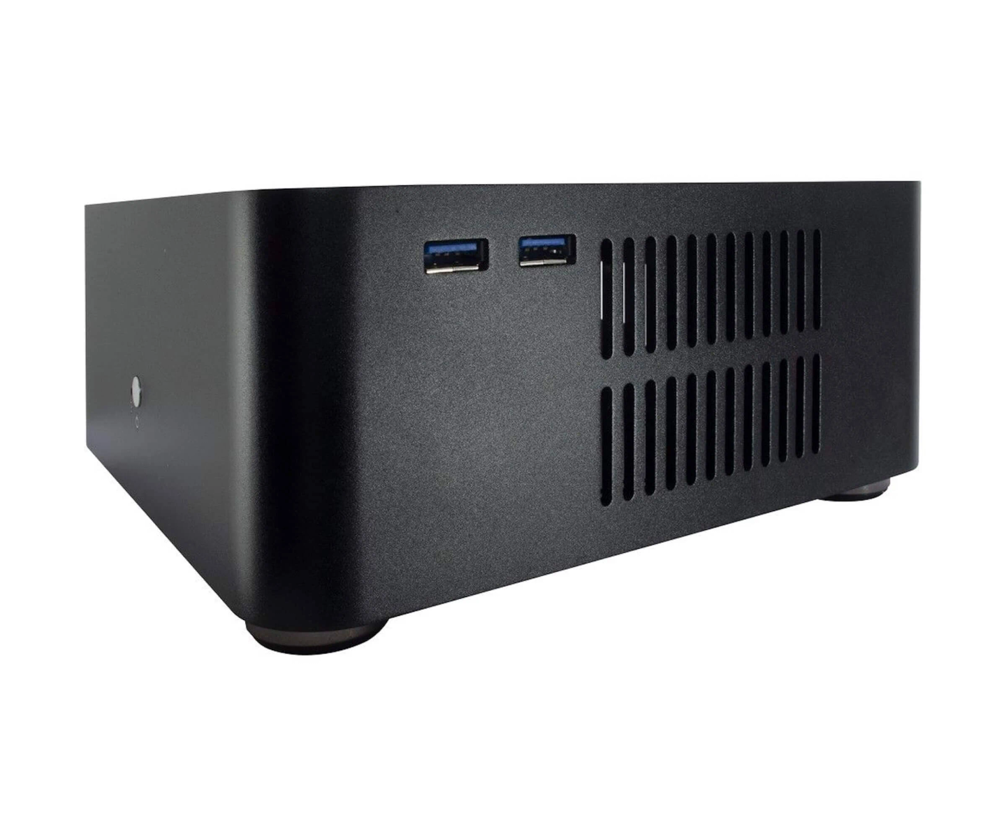 Czarny mini komputer z dwoma portami USB z przodu.