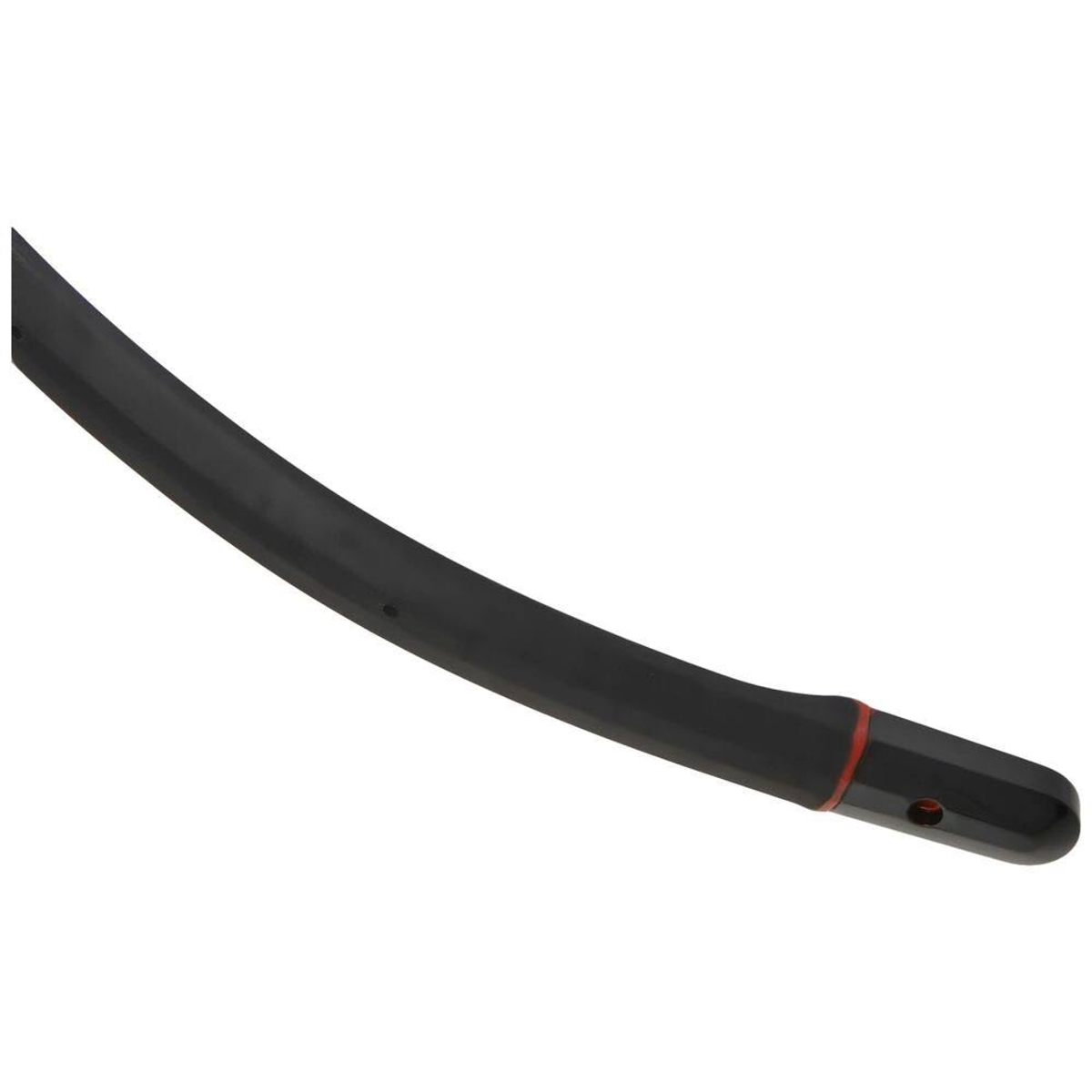 Czarny zakrzywiony pręt z czerwonym akcentem na końcu, na białym tle.
