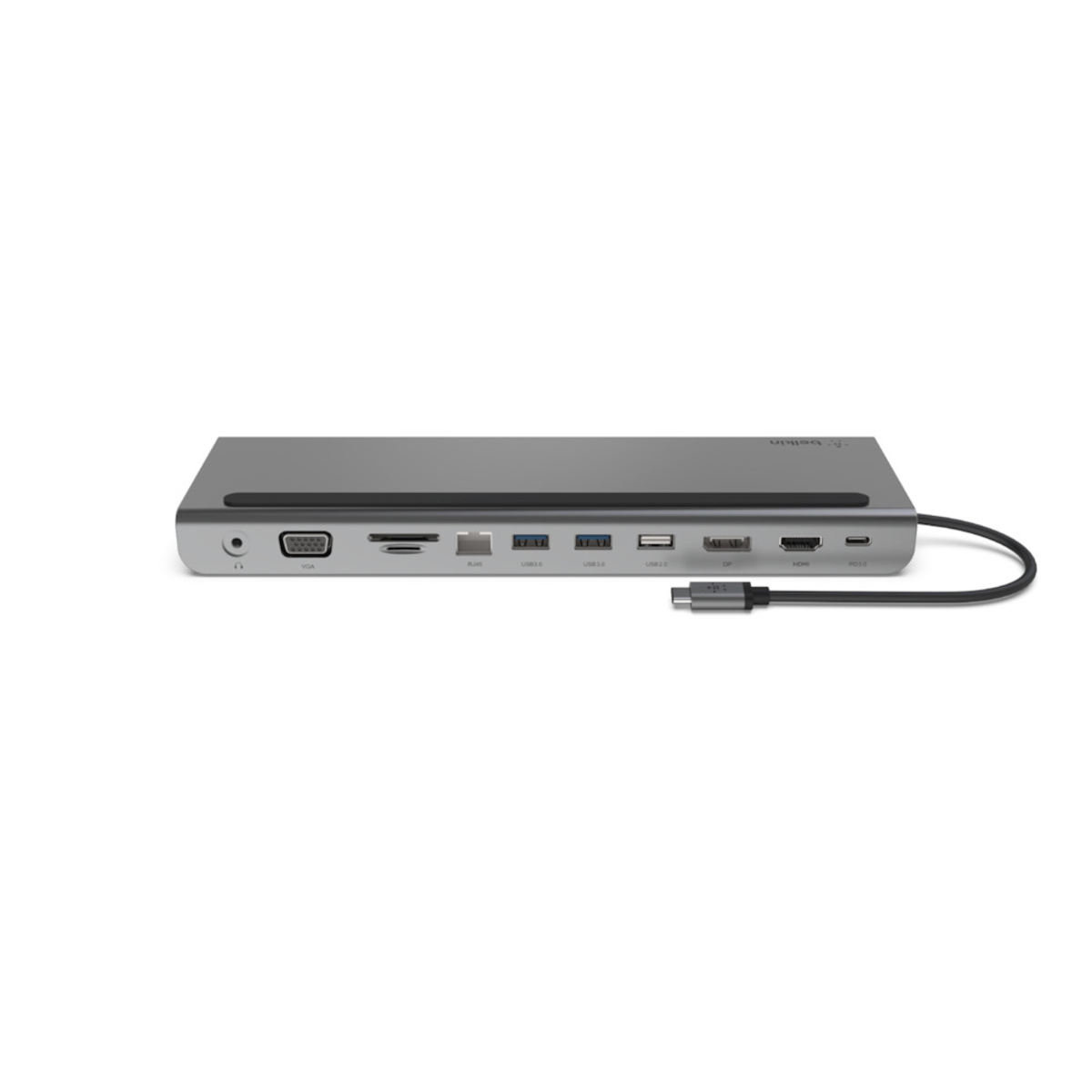 Silberner USB-C-Hub. Hat mehrere Anschlüsse. Schwarzes Kabel angeschlossen.