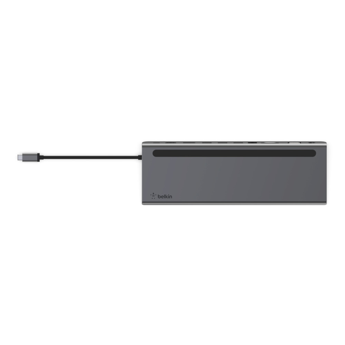 Ein grauer Belkin USB-C-Hub mit einem Kabel, das mit einem weißen Hintergrund verbunden ist.