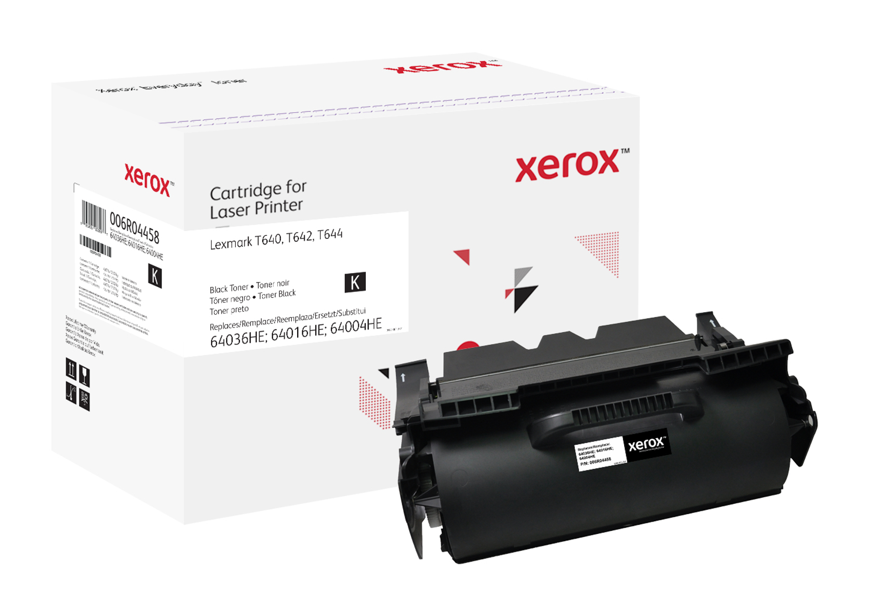 Xerox-Druckertonerkartuschenbox und Toner. Die Box ist weiß mit schwarzem Text.