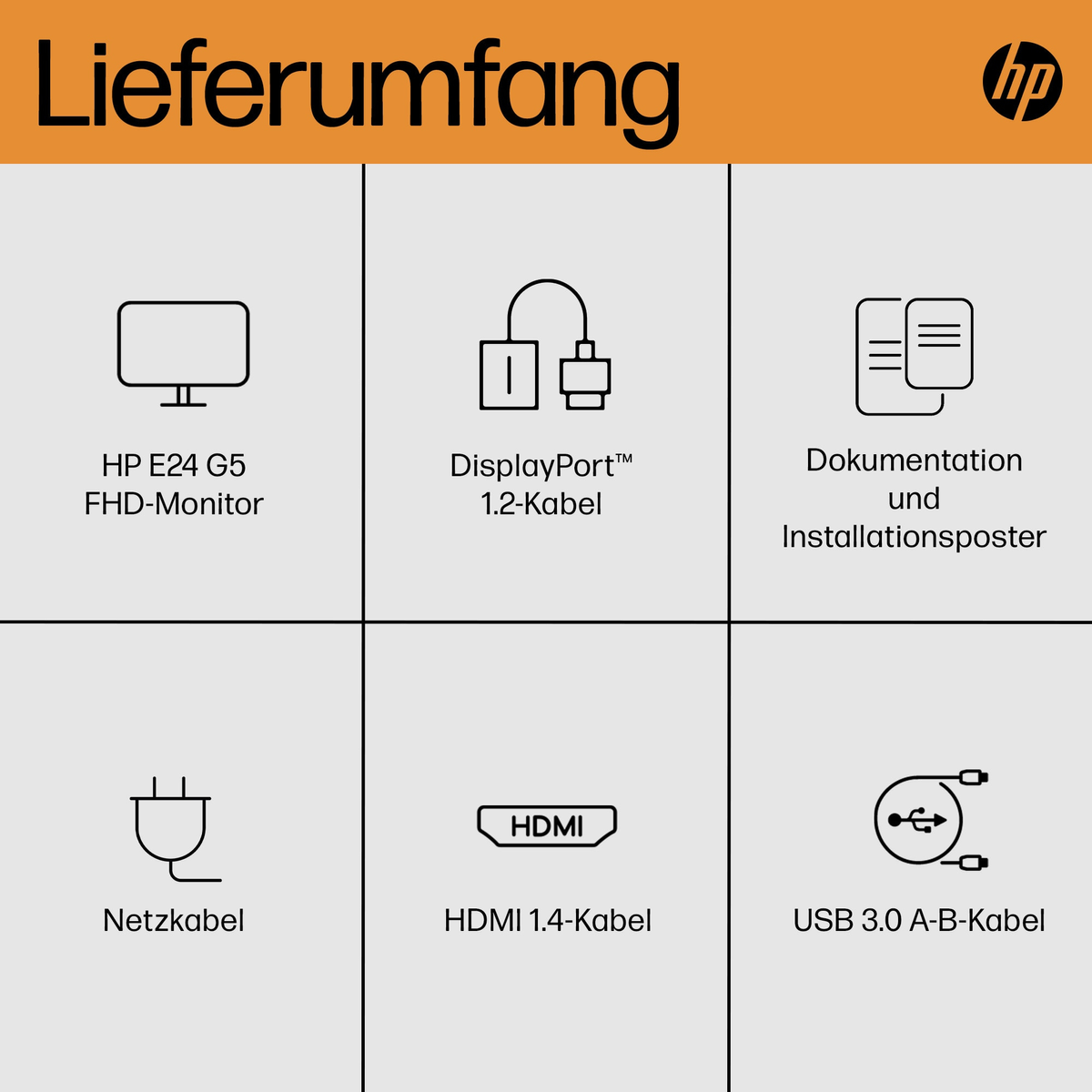 HP Produktbox mit Monitor, Kabeln und Dokumentationssymbolen.