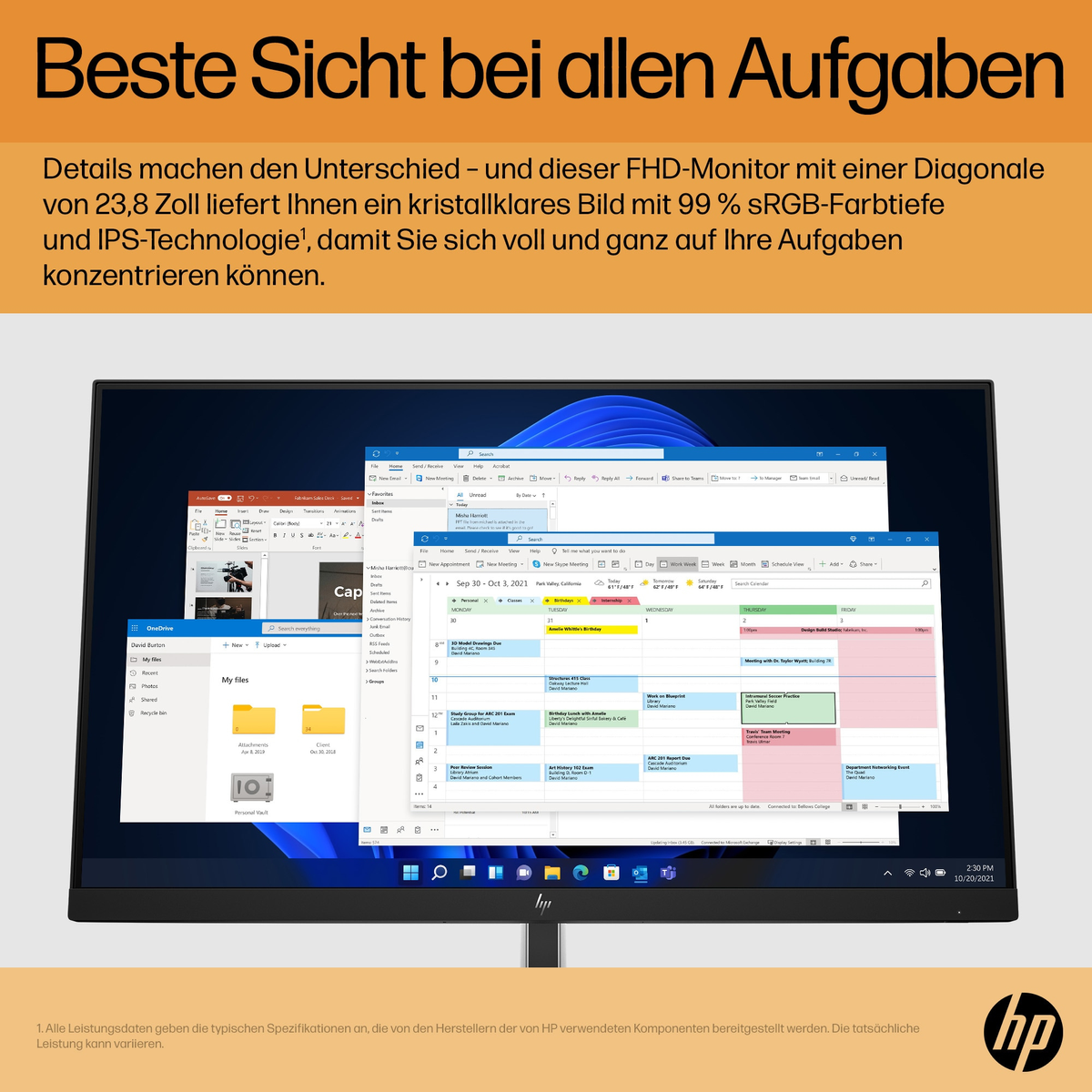Ein Computermonitor zeigt einen Desktop mit Fenstern und Dateien. Text auf Deutsch. HP-Logo unten.