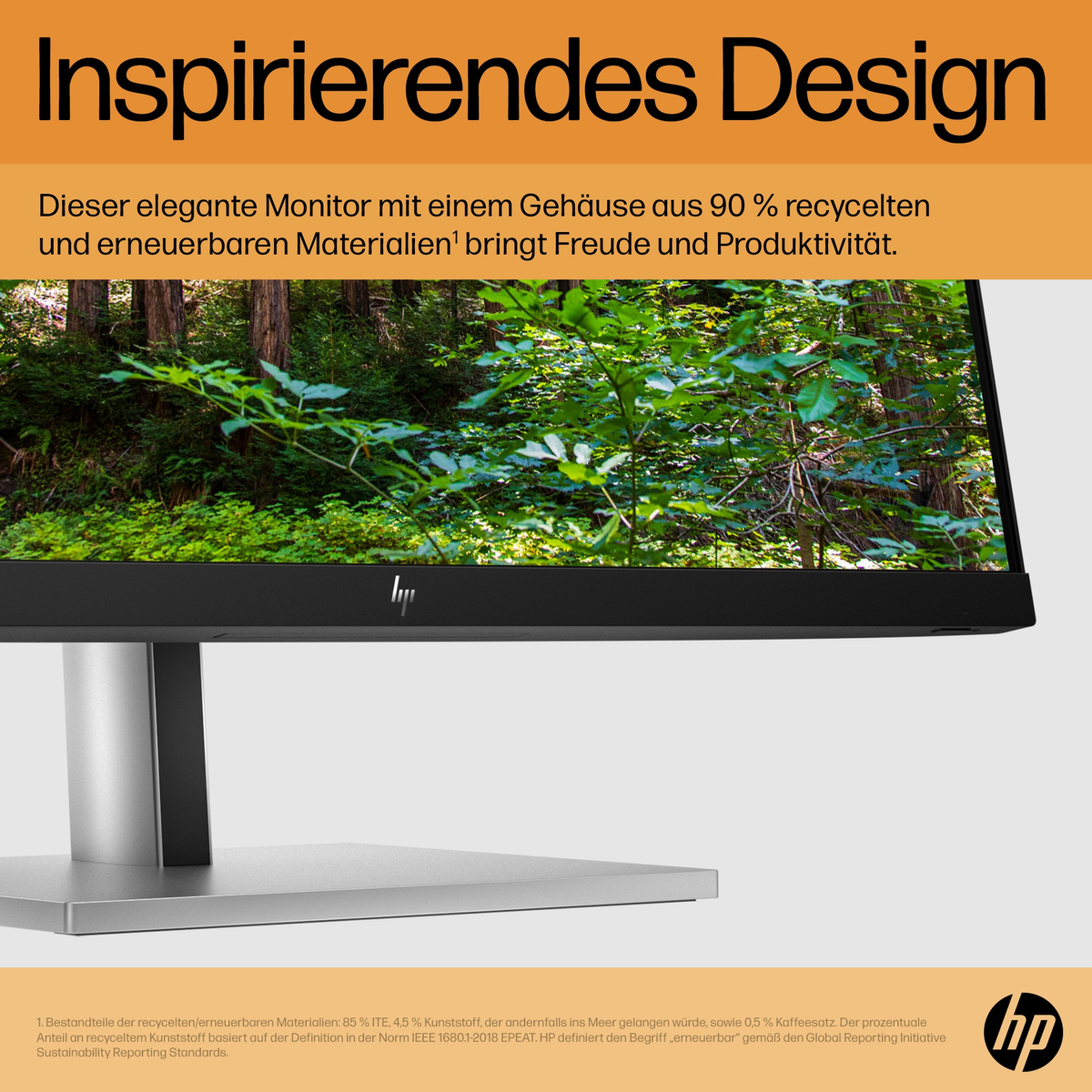 Computermonitor mit Waldbild. Text auf Deutsch über Design und recycelte Materialien.