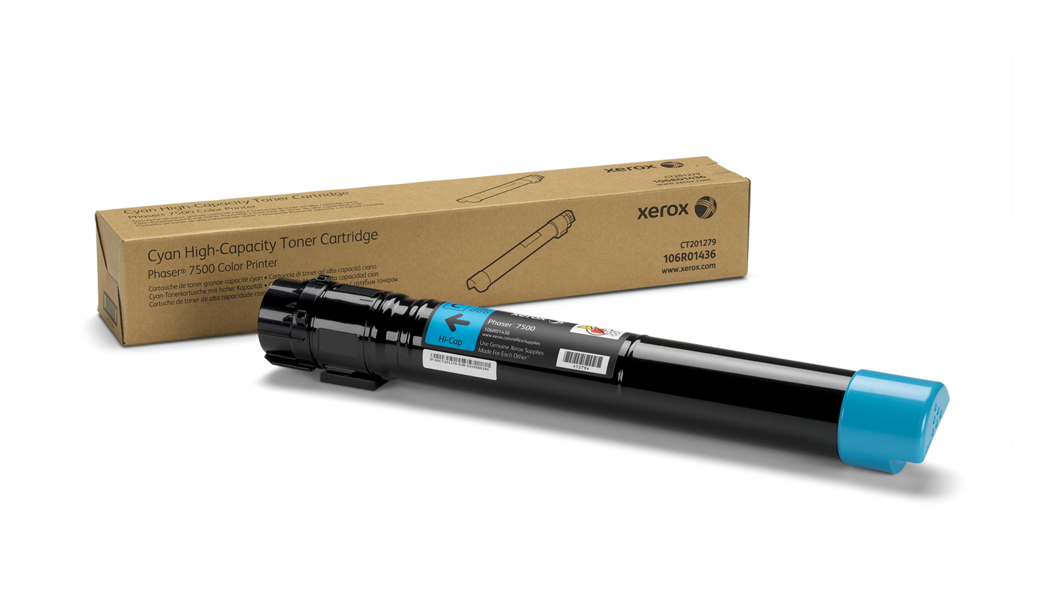 Wkład z tonerem i pudełko. Wkład czarny i niebieski, z białym pudełkiem.