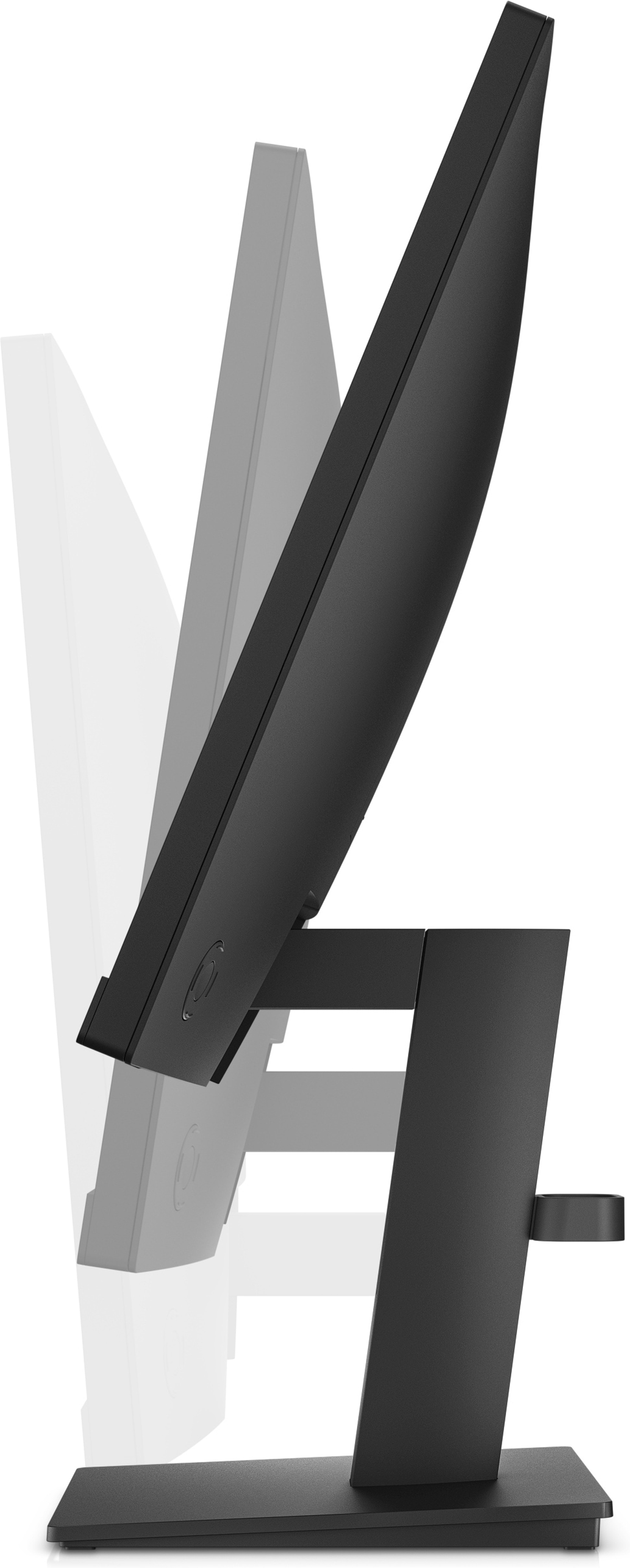 Czarny monitor komputera, widok z boku. Regulowana podstawka. Białe tło.