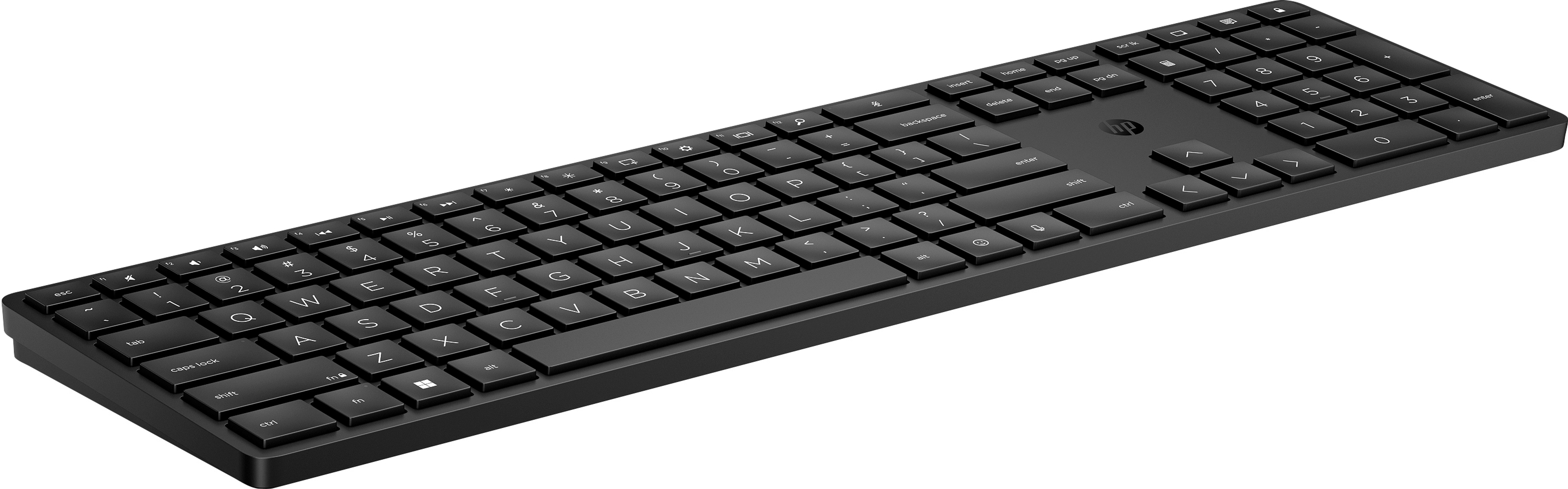 Schwarze HP-Tastatur, Draufsicht. Volles Layout mit Nummernblock. Weißer Hintergrund.