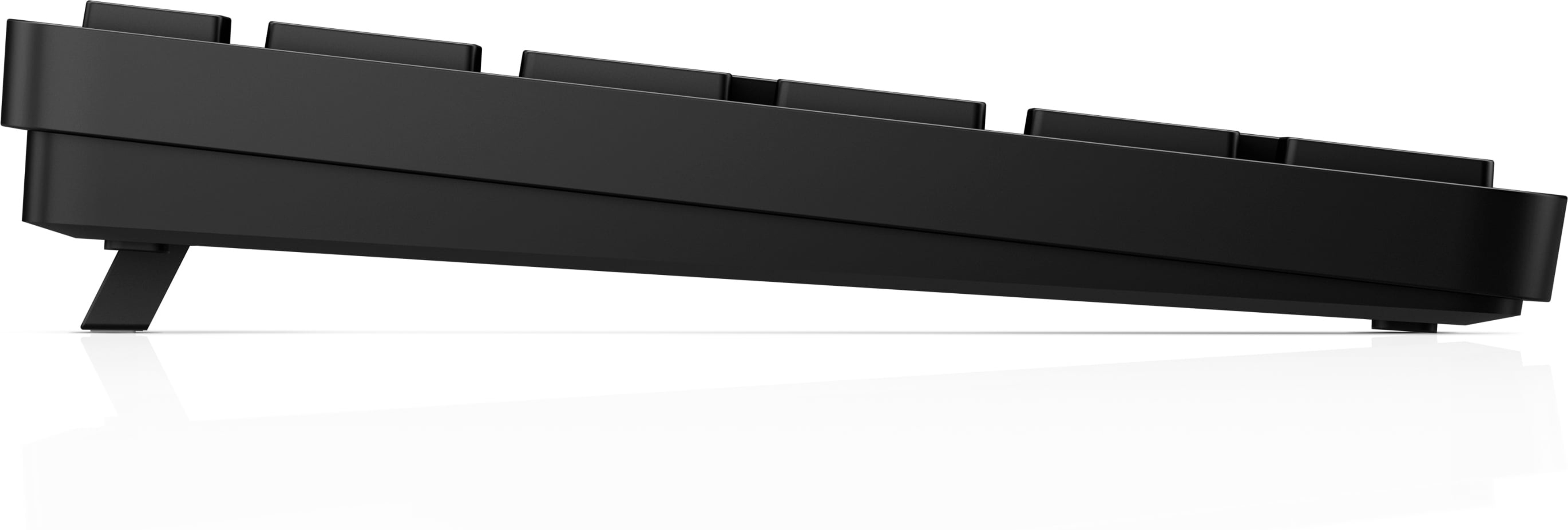 Seitenansicht einer schwarzen Tastatur mit Tasten und einem abgewinkelten Ständer.
