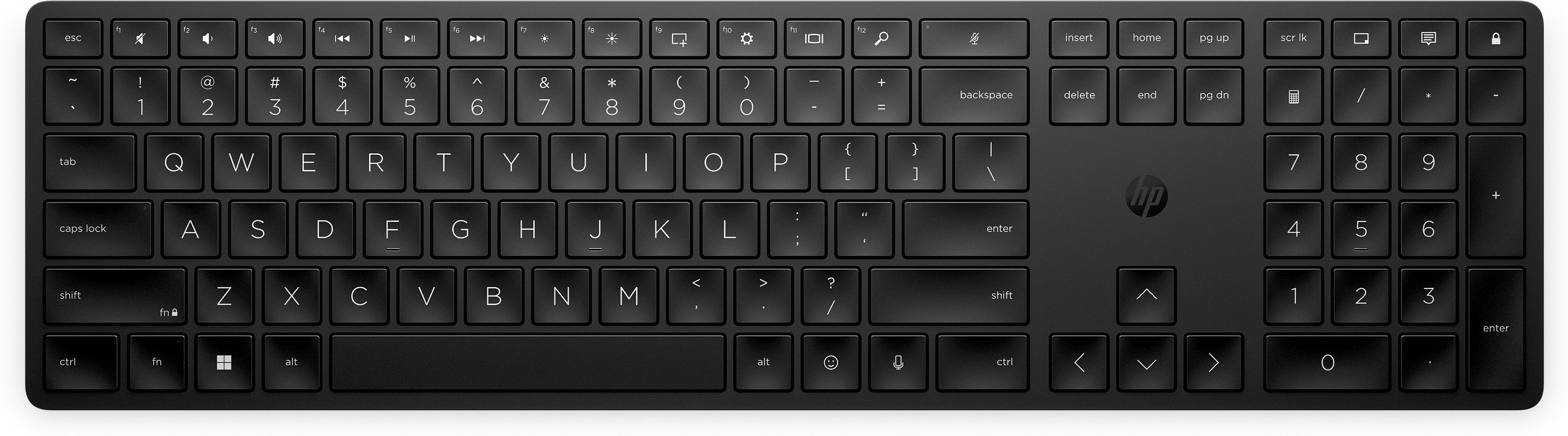 Draufsicht auf eine schwarze HP-Tastatur mit Tasten.