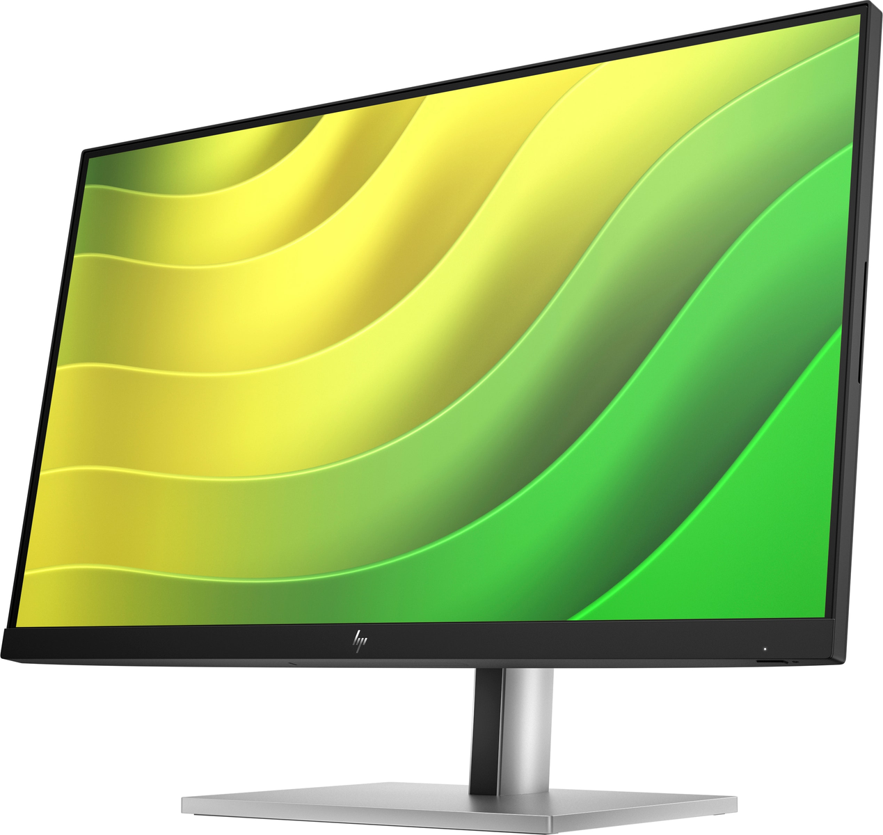 Un monitor HP che mostra un motivo a onde astratte verdi e gialle contro una cornice nera e un supporto argentato.