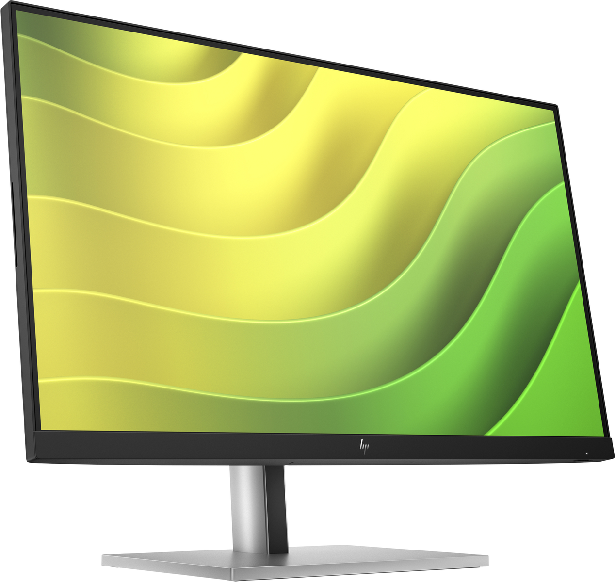 Un monitor nero. Lo schermo mostra un design ondulato verde e giallo. Supporto argentato.