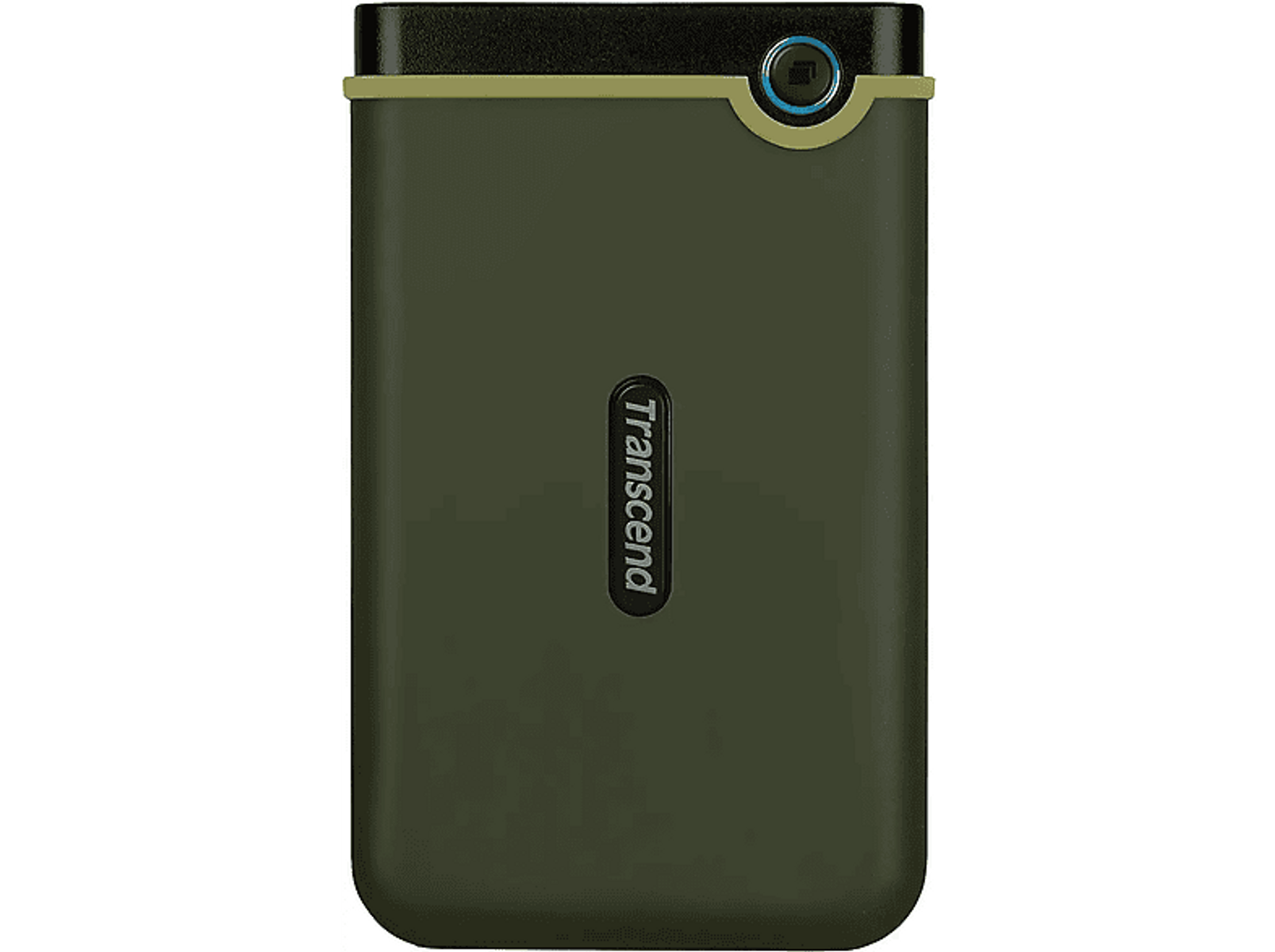 Zielony dysk twardy ze słowem 'Transcend' na nim, czarne tło.