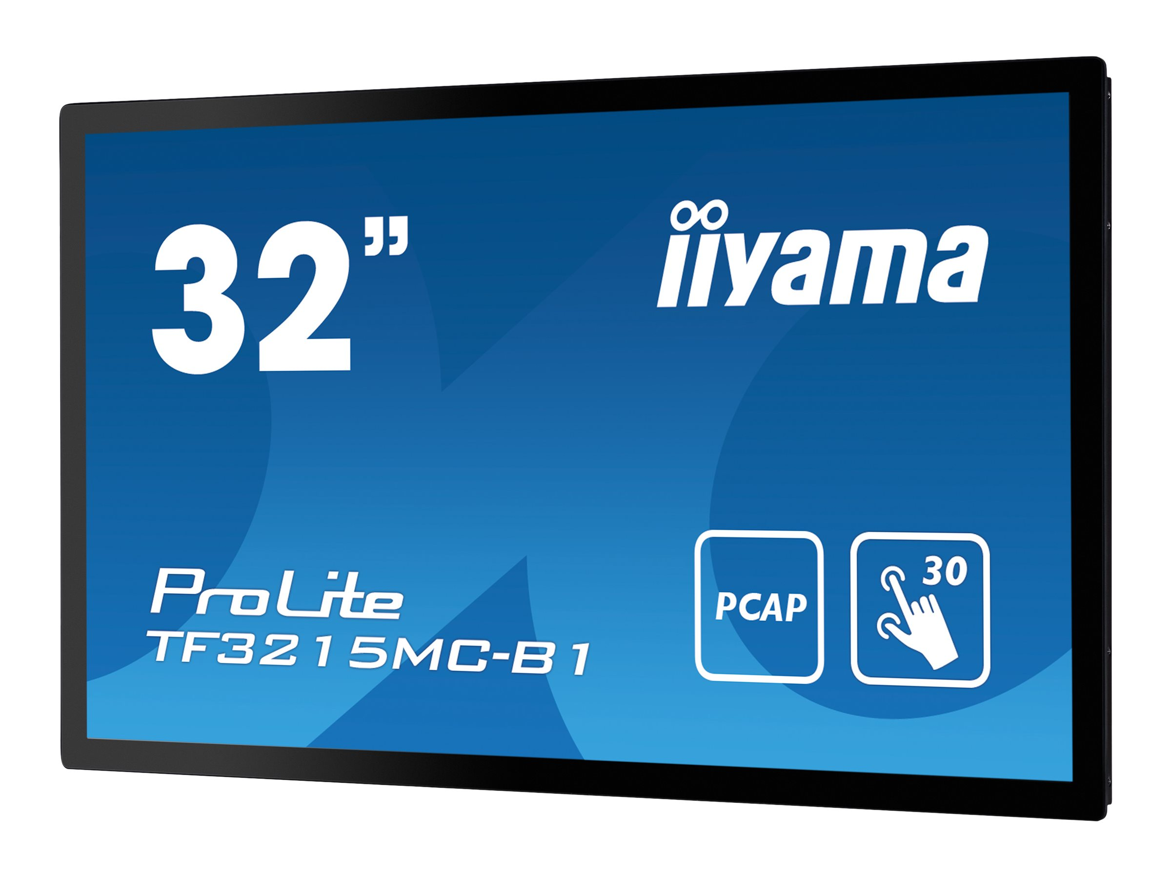 32-calowy monitor iiyama ProLite z niebieskim ekranem i białym tekstem.