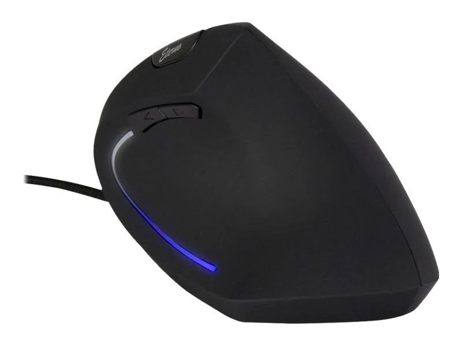 Schwarze ergonomische Maus mit blauem Licht. Sie hat Knöpfe und ein Kabel.