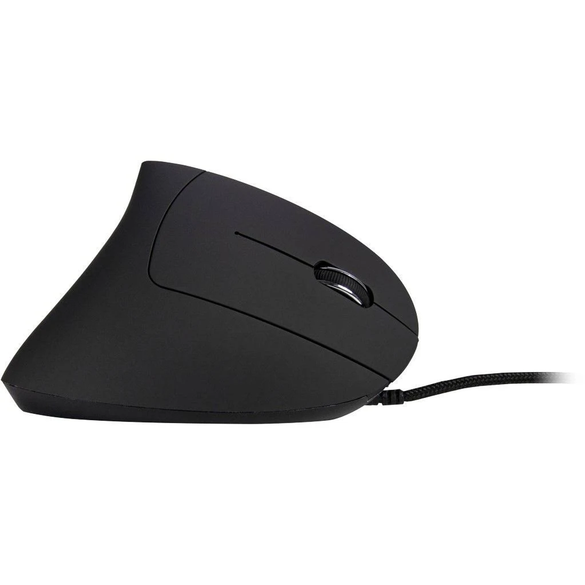 Schwarze ergonomische Maus mit einem Scrollrad und Kabel.