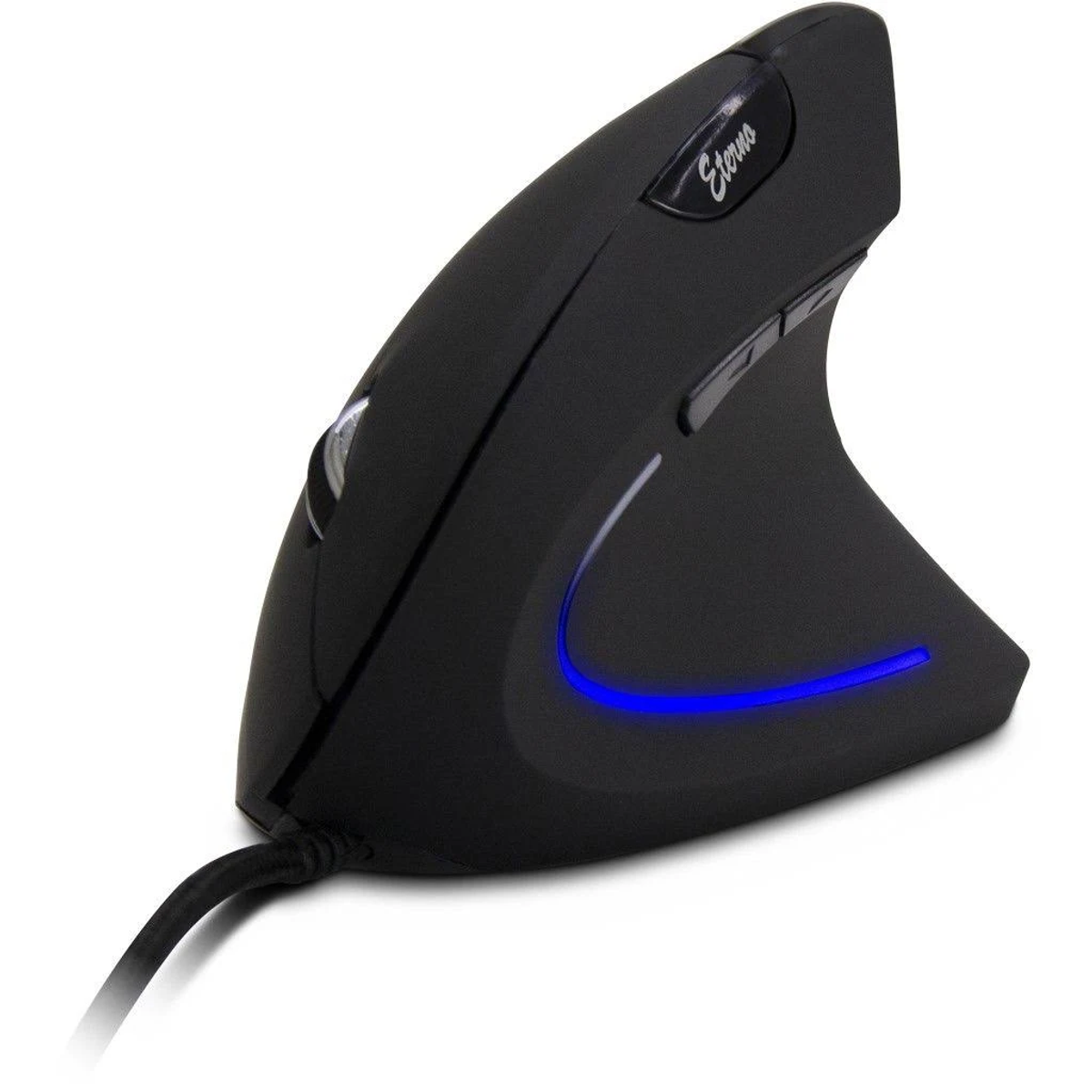 Schwarze, vertikale ergonomische Maus mit geschwungenem Design und blauem Licht.